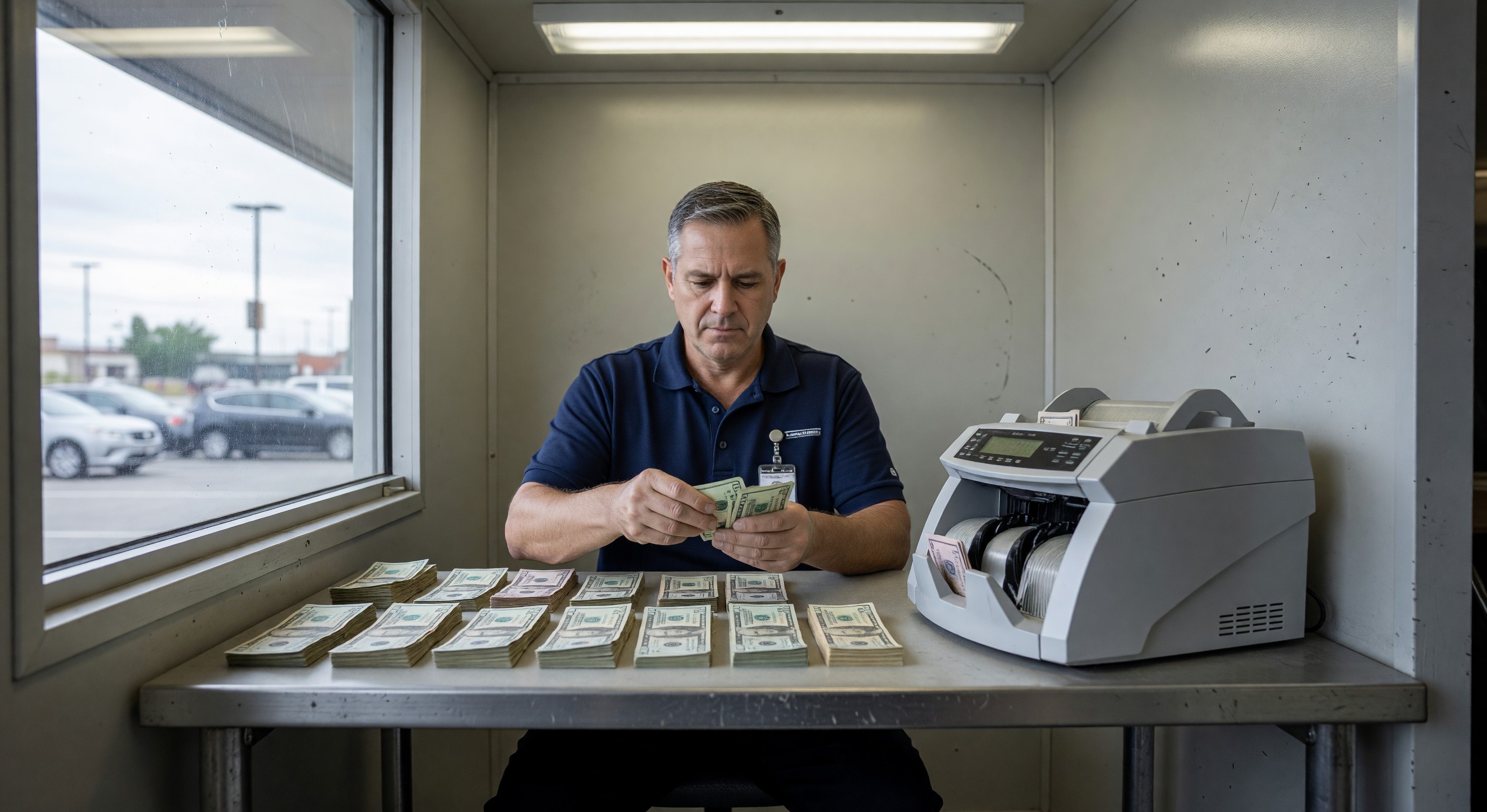 Parking cashier counting cash in a booth with a currency counter machine visible