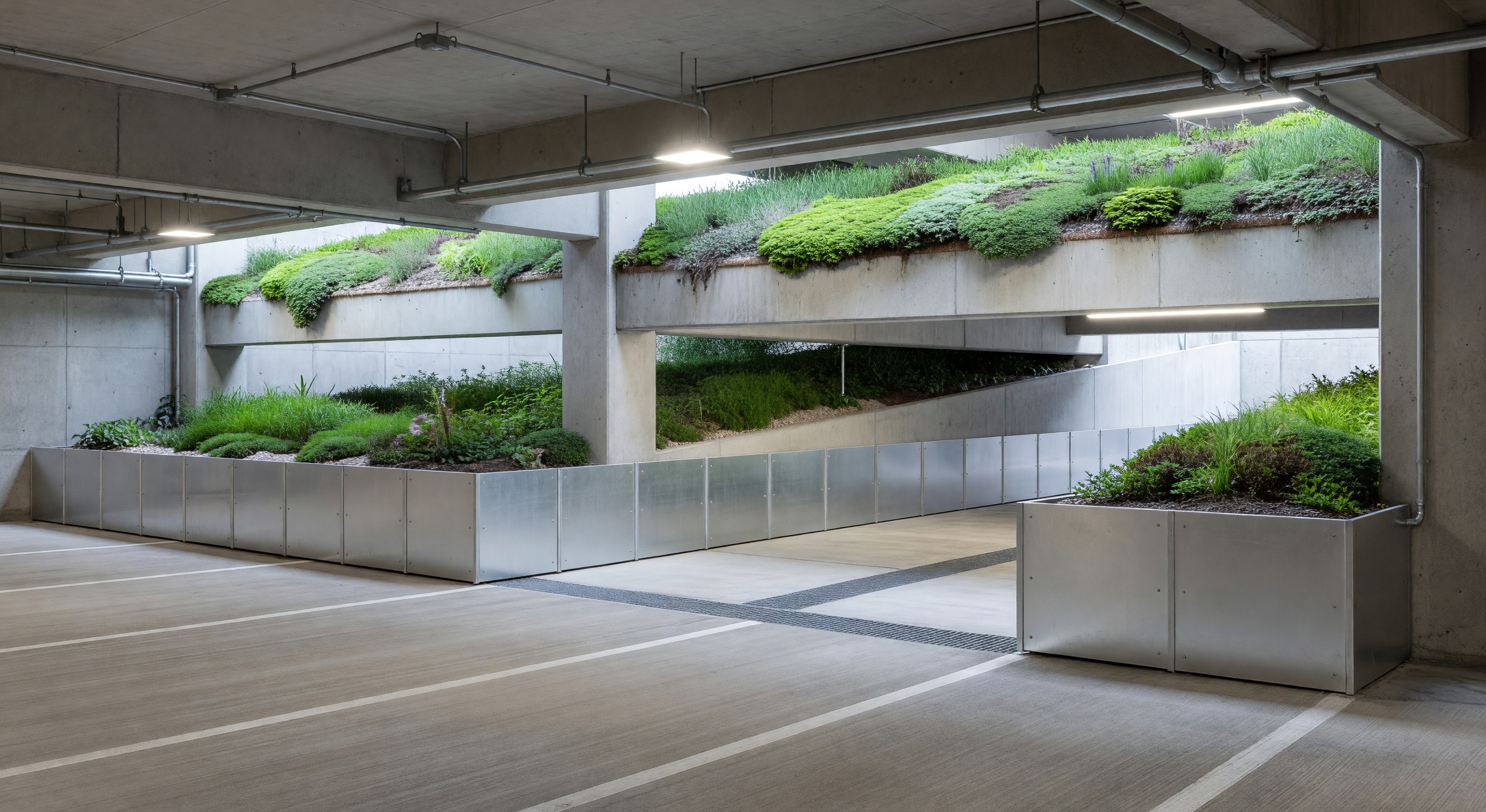 Parking garage with flood barriers and green roof showing climate resilience design features