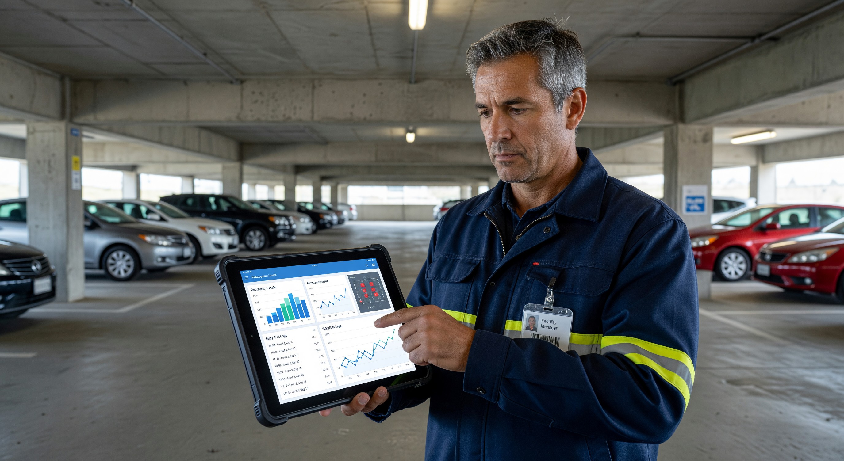 Parking facility manager accessing cloud-based management dashboard remotely on tablet device