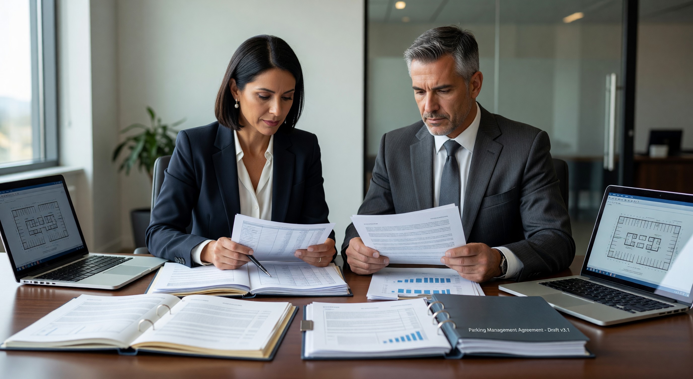 Two professionals reviewing parking management contract documents at a meeting table