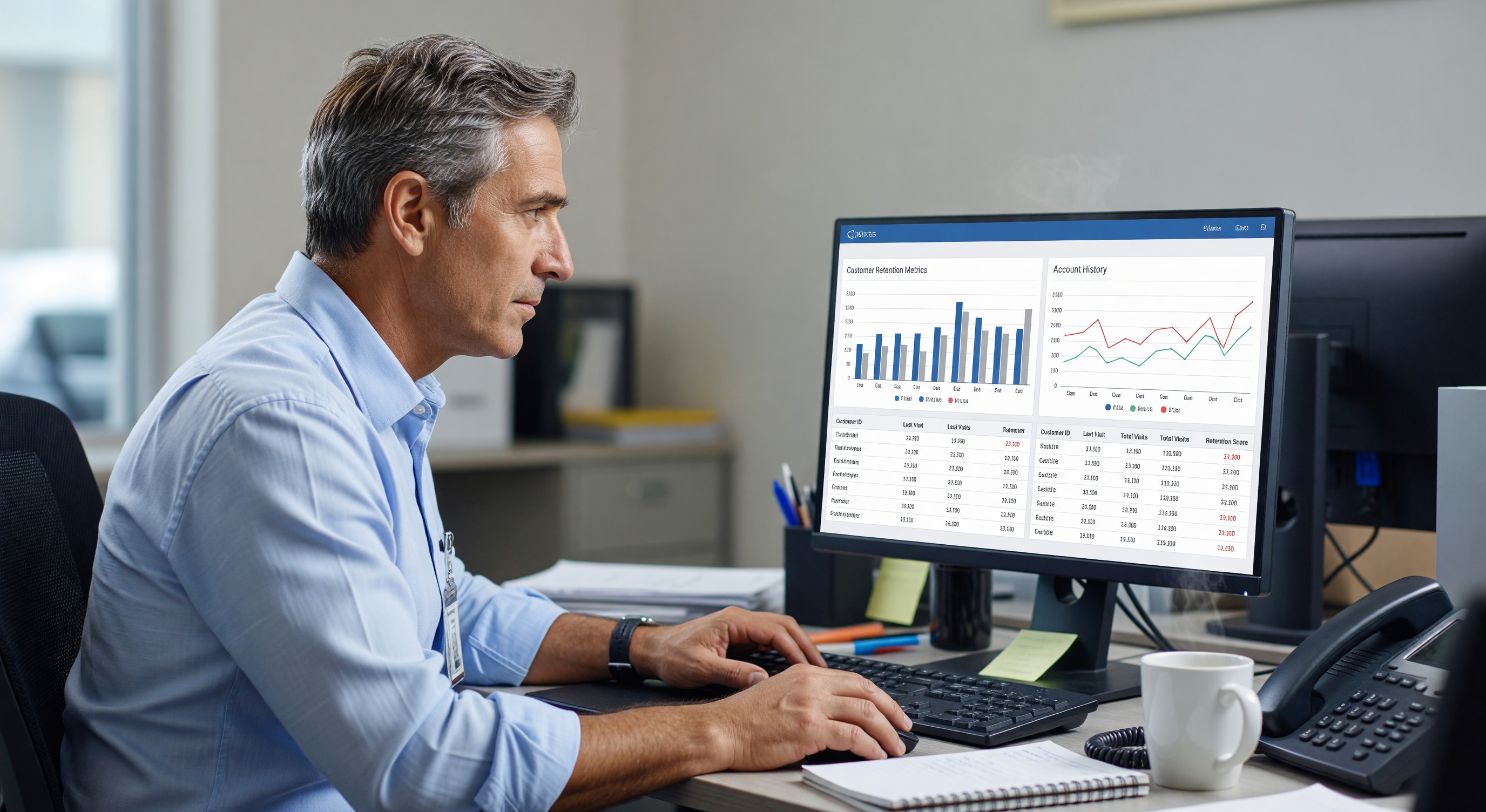 Parking manager reviewing customer account history and retention metrics in CRM dashboard