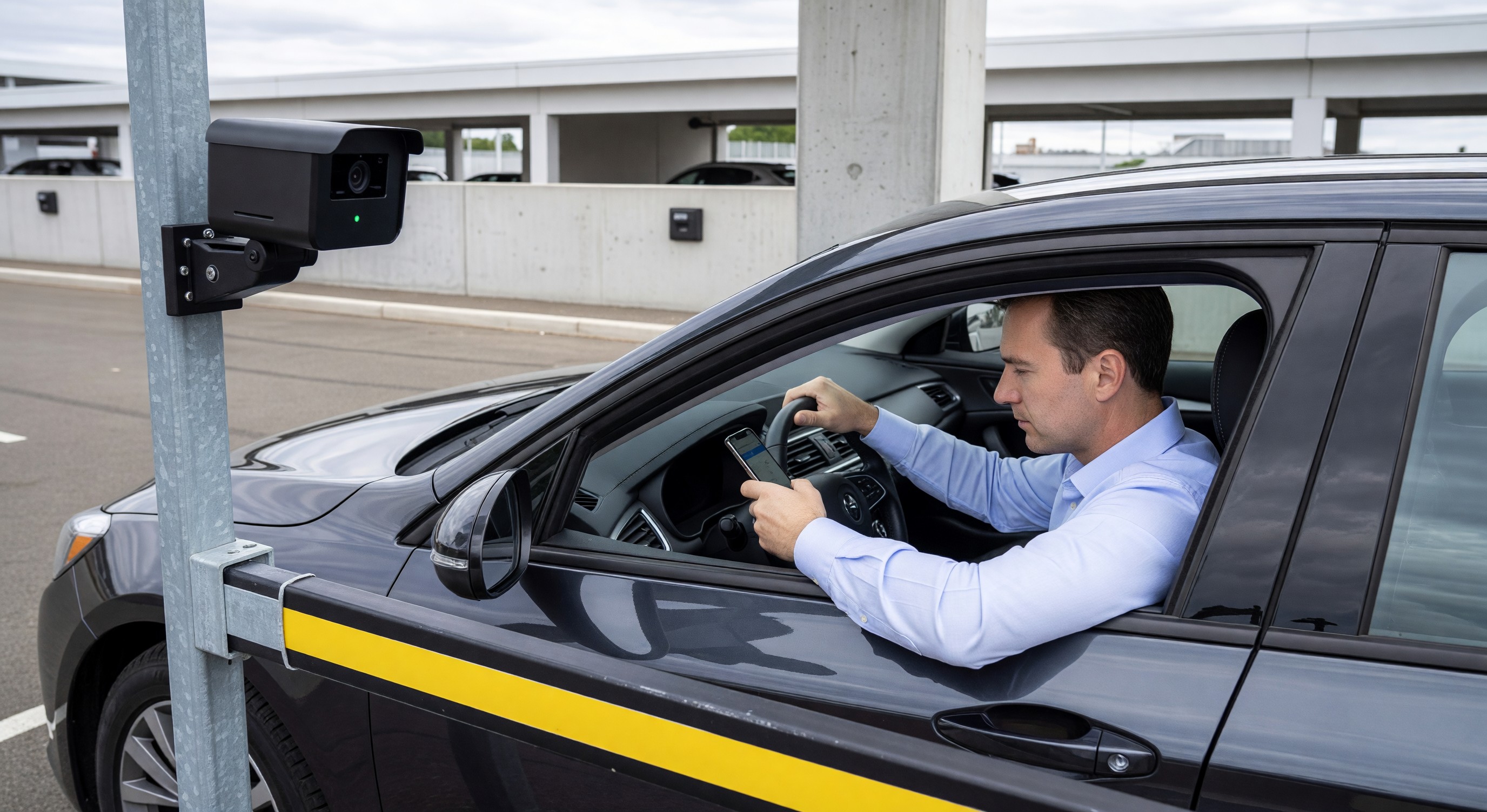 Driver using smartphone app for seamless parking entry and payment with LPR camera visible at facility entrance