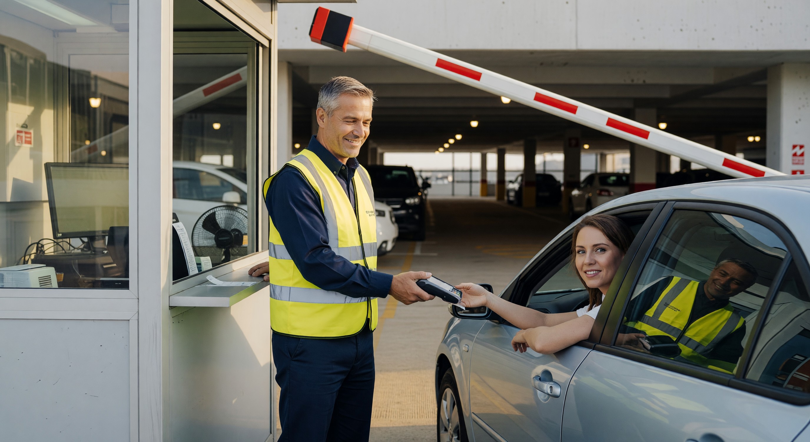 Parking attendant assisting a customer with a friendly interaction at the exit