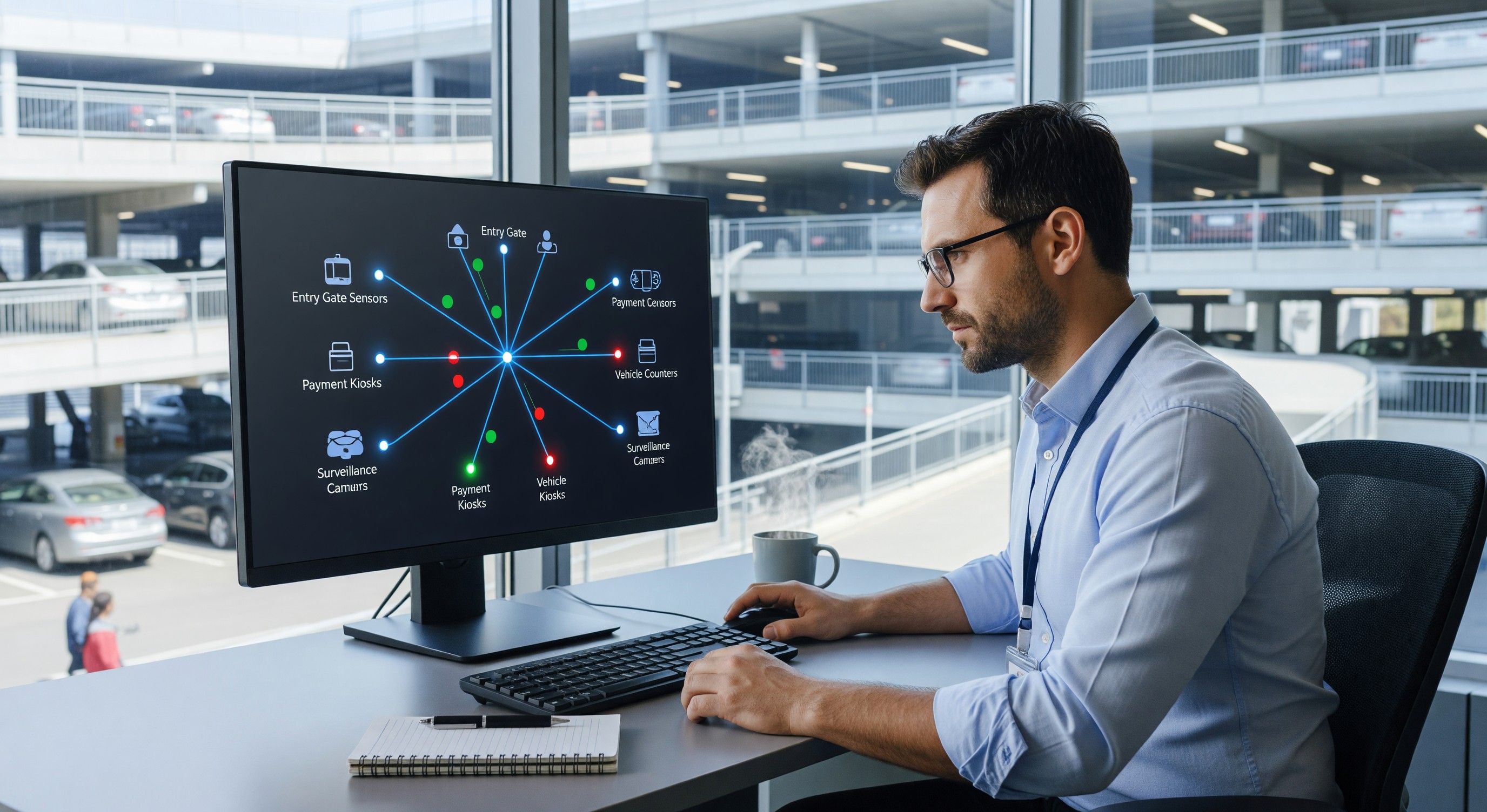 IT security professional reviewing network security dashboard showing parking facility system connections and traffic