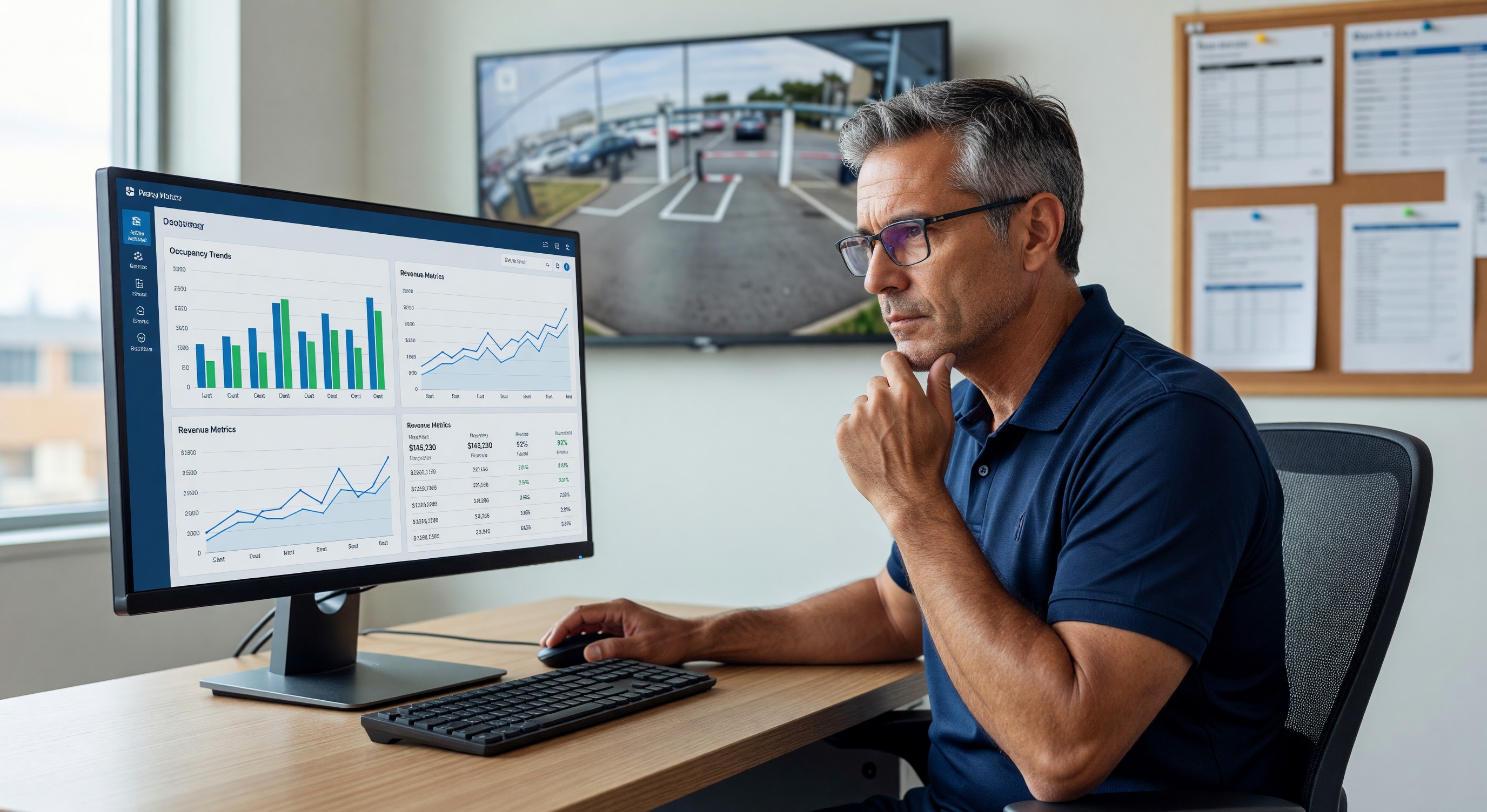 Parking operations manager reviewing analytics dashboard showing occupancy trends and revenue metrics