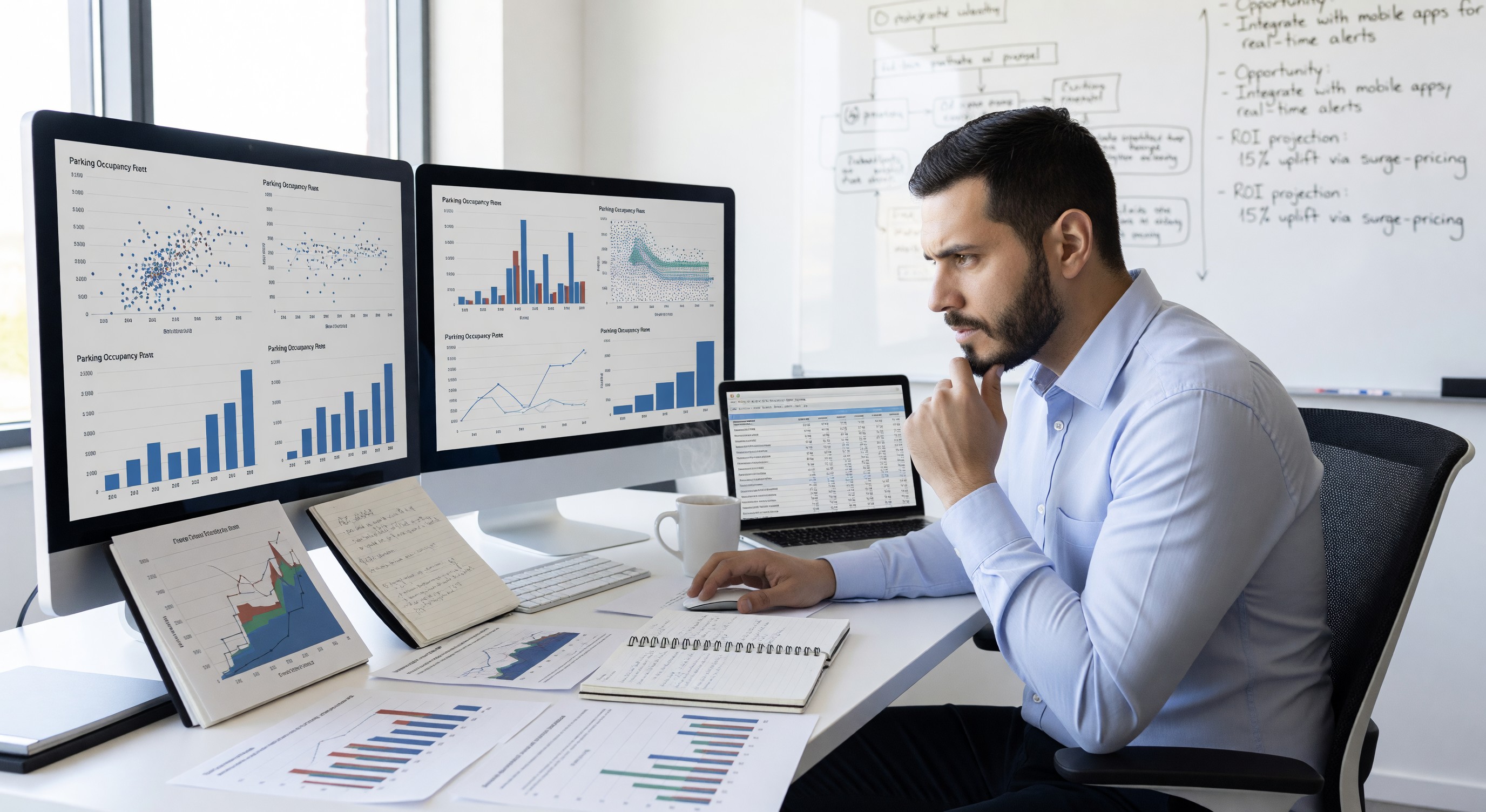 Data analyst reviewing parking occupancy and transaction datasets with monetization opportunity analysis