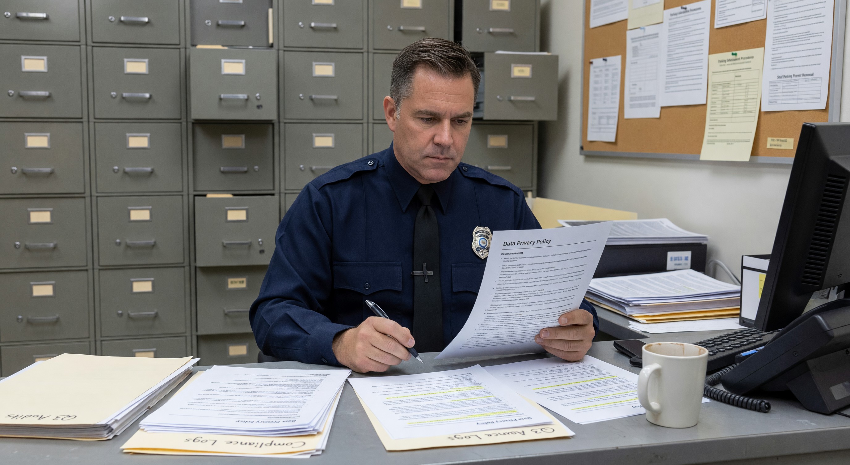 Parking compliance officer reviewing data privacy policy documentation and privacy notice requirements