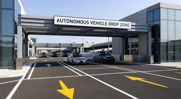Modern parking facility entrance with designated autonomous vehicle drop zone and clear lane markings