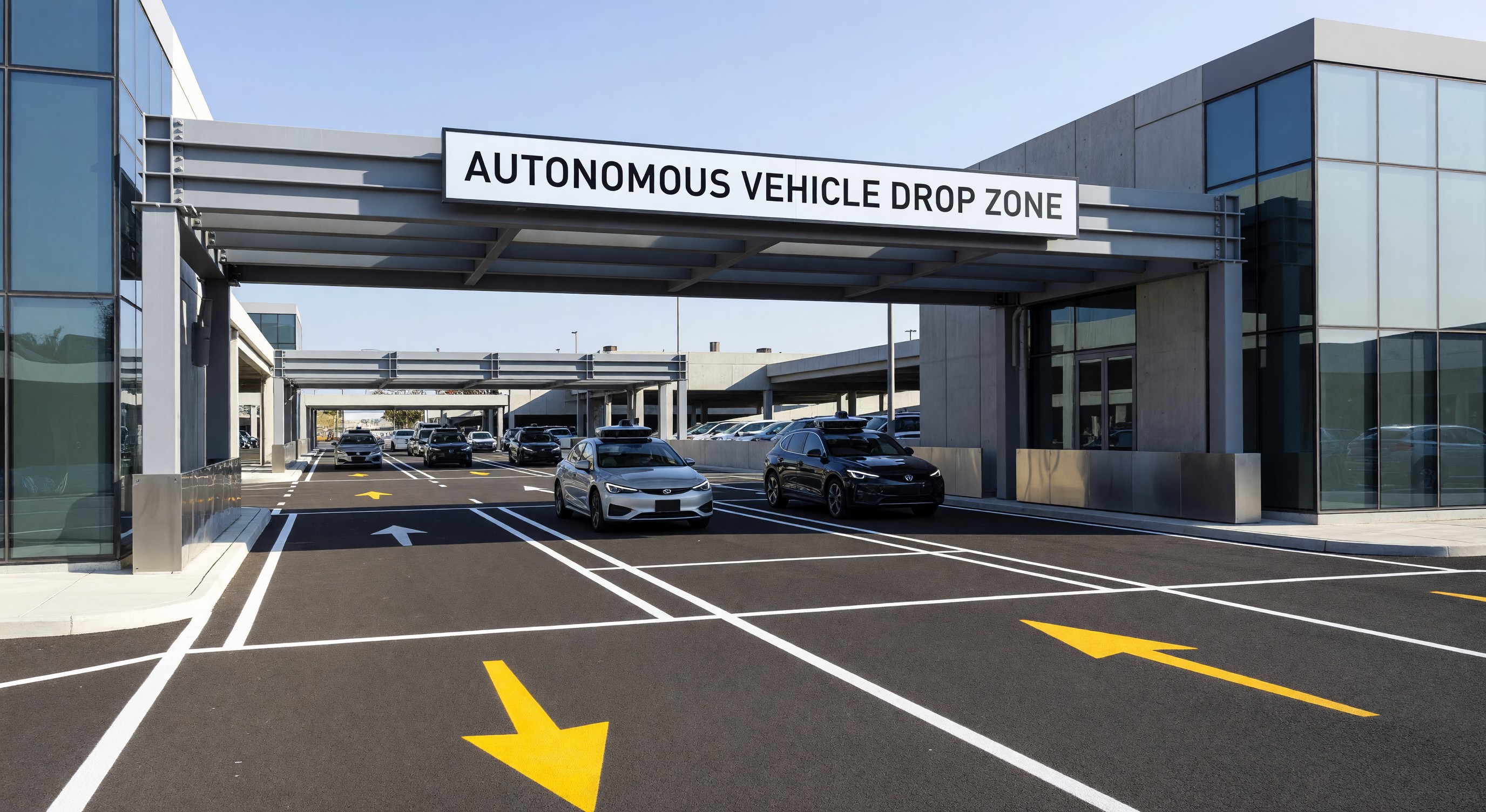 Modern parking facility entrance with designated autonomous vehicle drop zone and clear lane markings