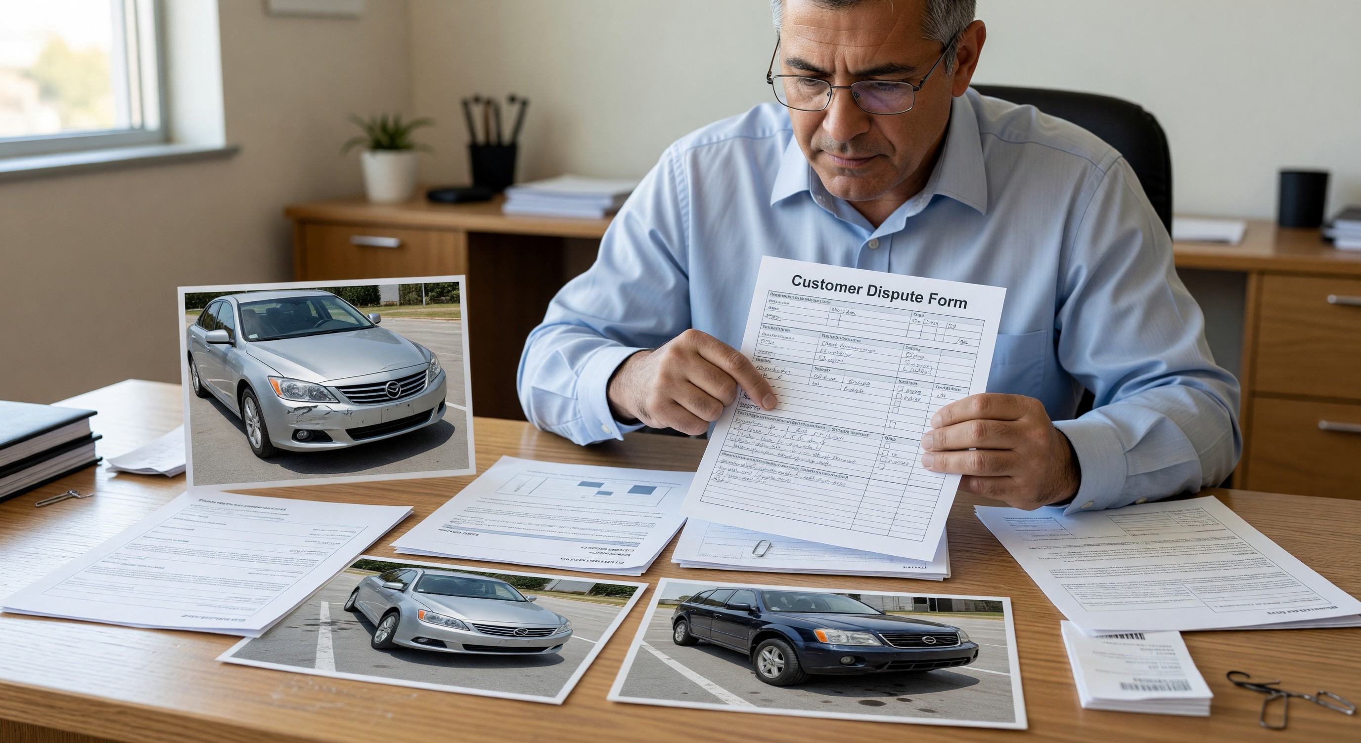 Parking manager reviewing a customer dispute form with documentation and vehicle photographs