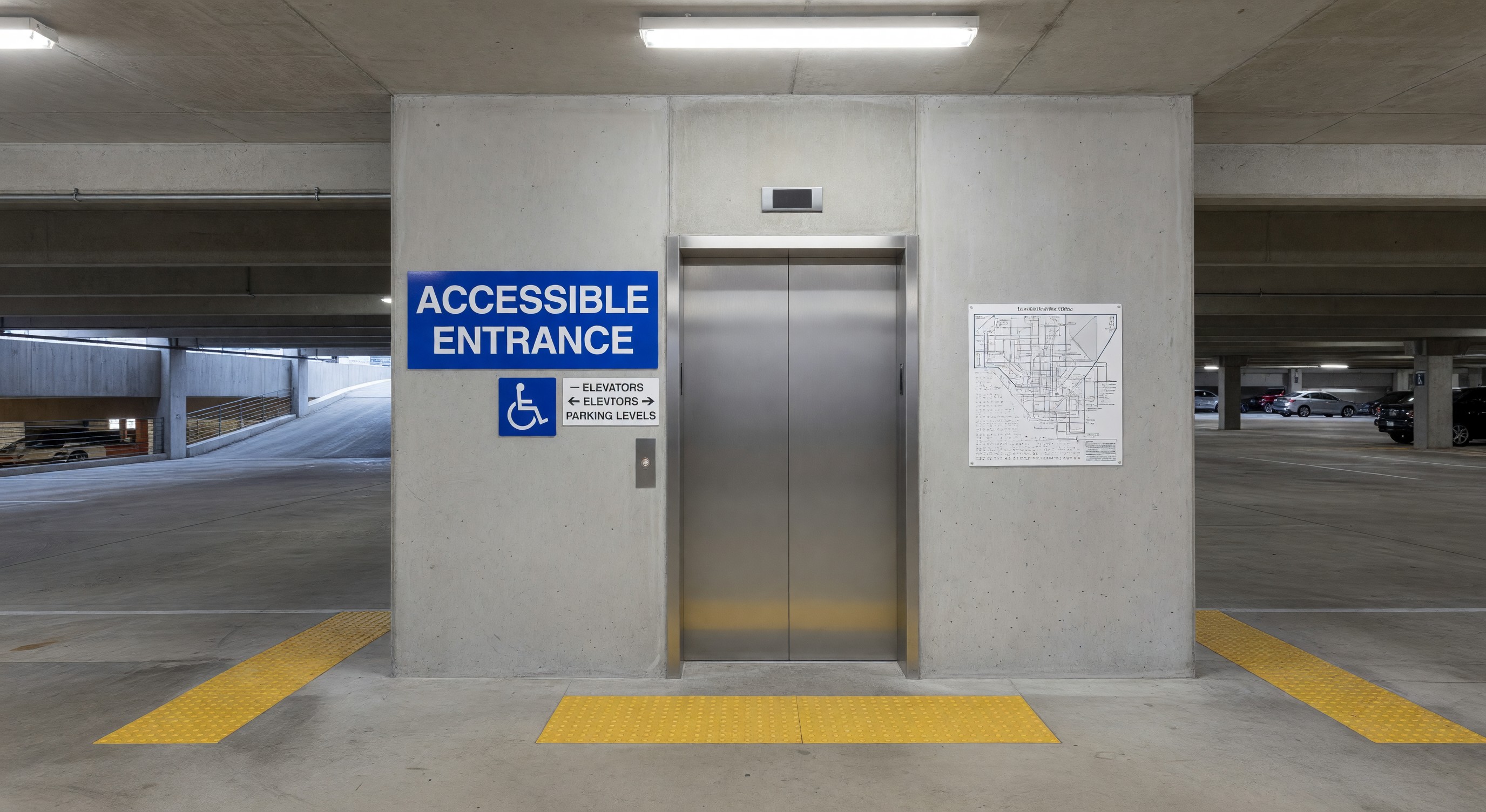 Parking structure elevator lobby with accessible entrance and clear signage