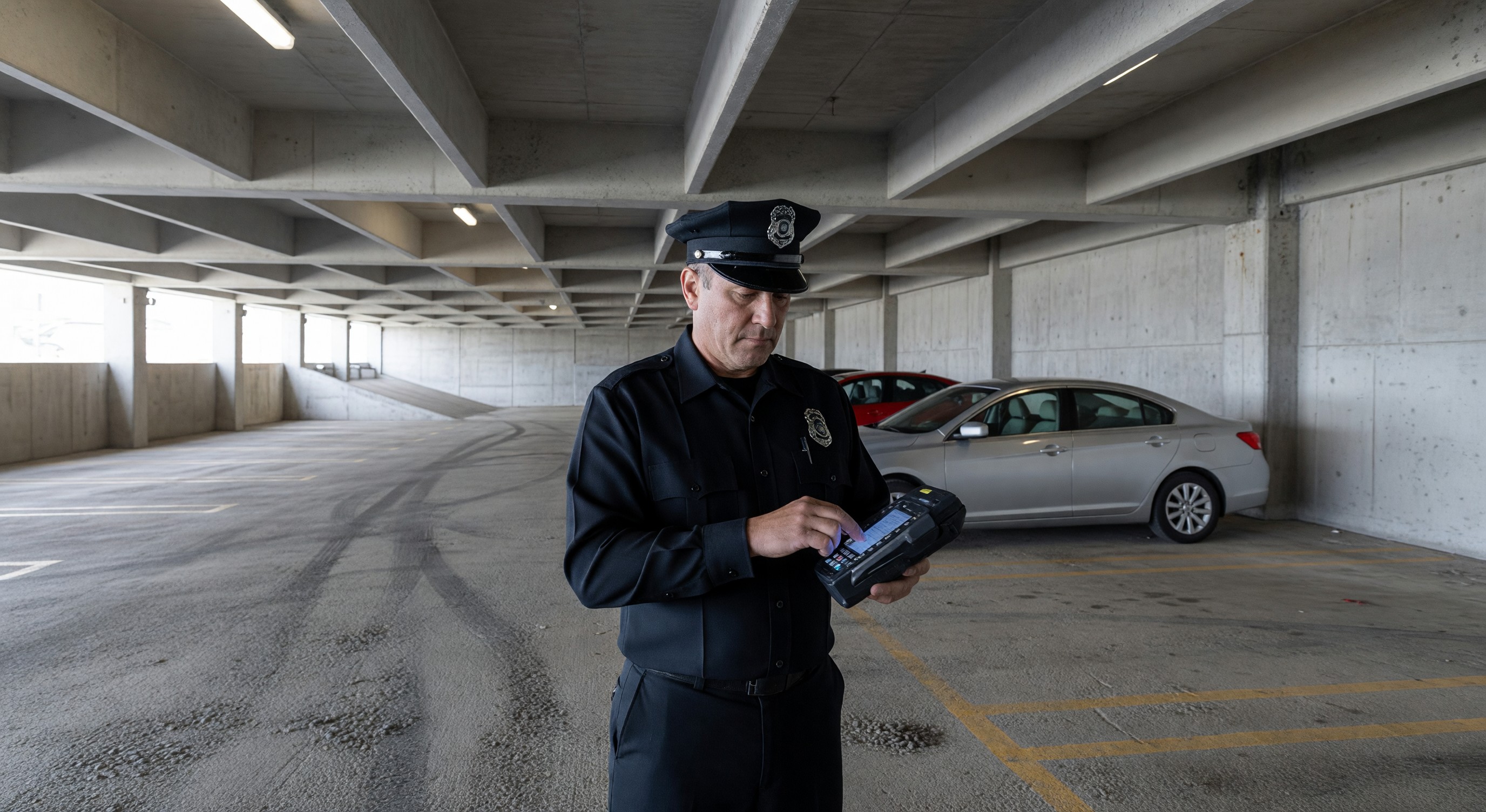 Parking enforcement officer using a handheld device to issue a citation in a parking facility