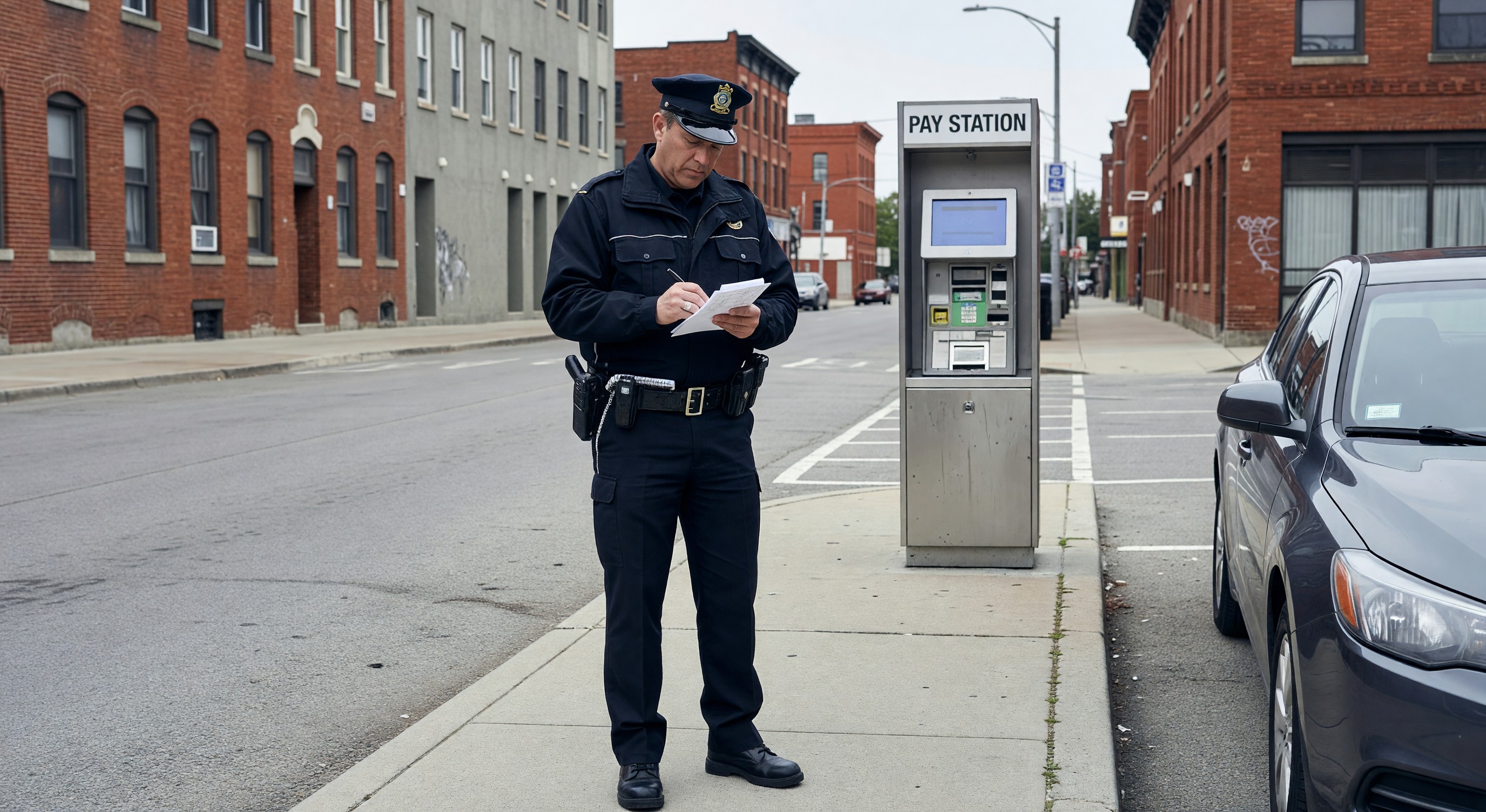 Municipal parking enforcement officer writing citation on city street with pay station visible in background