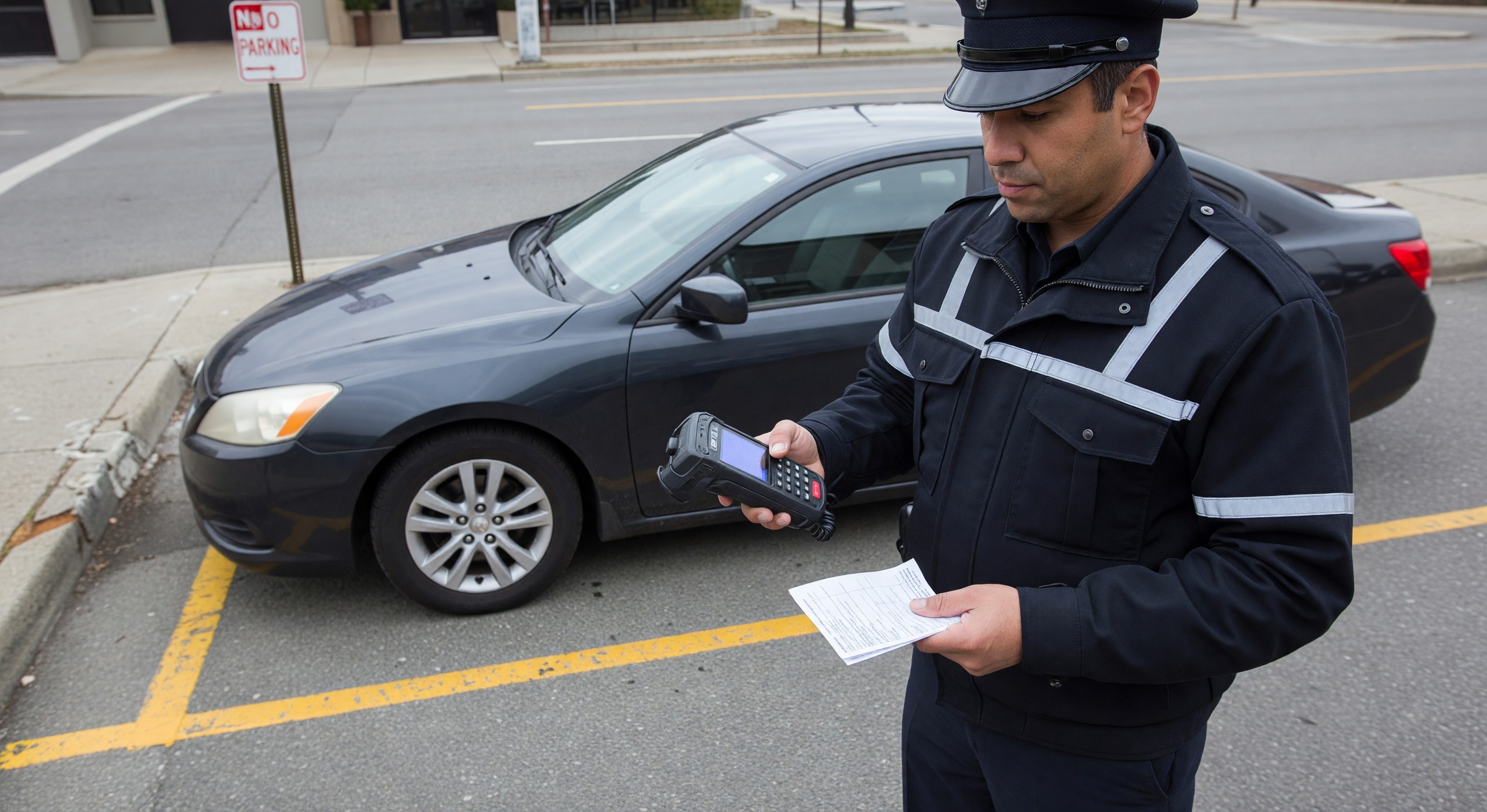 Parking enforcement officer using handheld citation device to issue ticket to vehicle in restricted zone