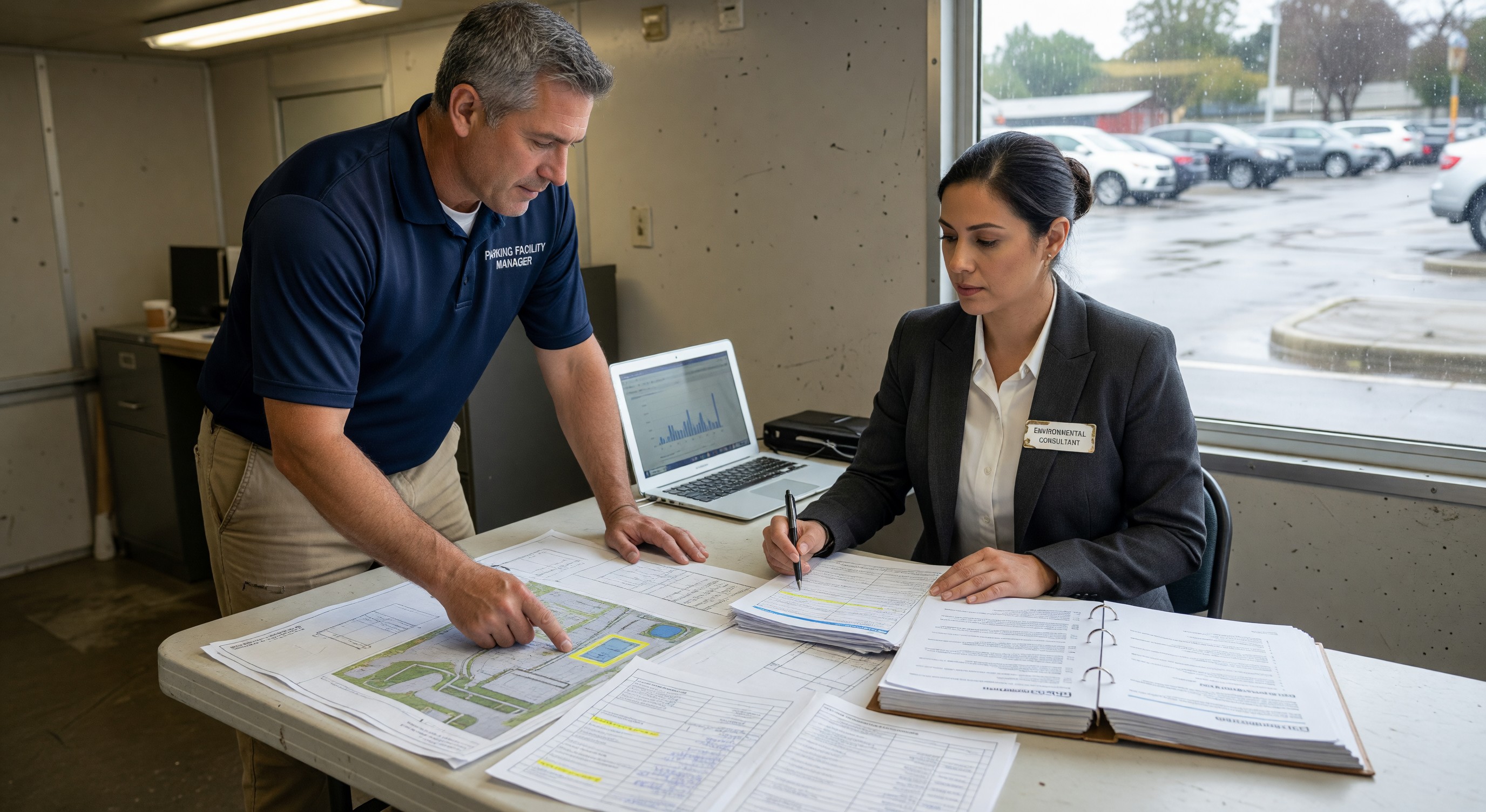 Parking facility manager reviewing stormwater compliance documentation with an environmental consultant