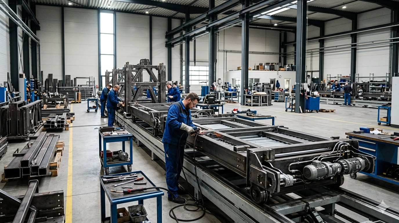 Inside a manufacturing facility assembling parking equipment