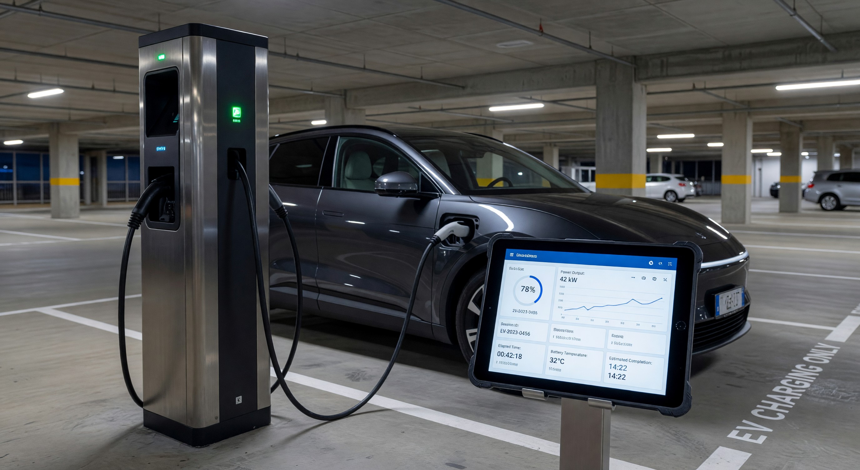 Electric vehicle charging at parking facility with management software dashboard showing charging session status
