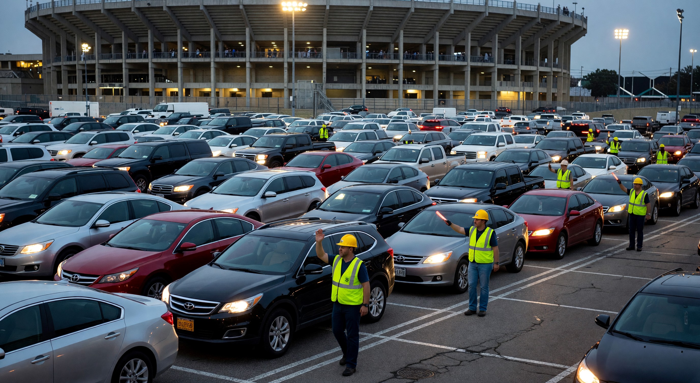 Packed parking lot near a stadium with traffic management staff directing vehicles during an event