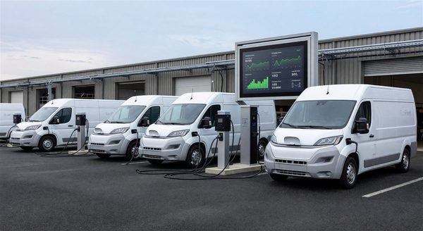 Electric delivery van fleet parked at charging depot with Level 2 EVSE units and smart charging management system