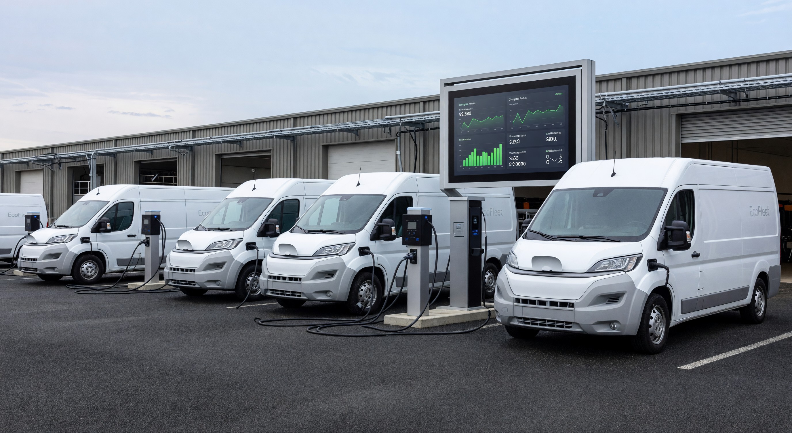 Electric delivery van fleet parked at charging depot with Level 2 EVSE units and smart charging management system