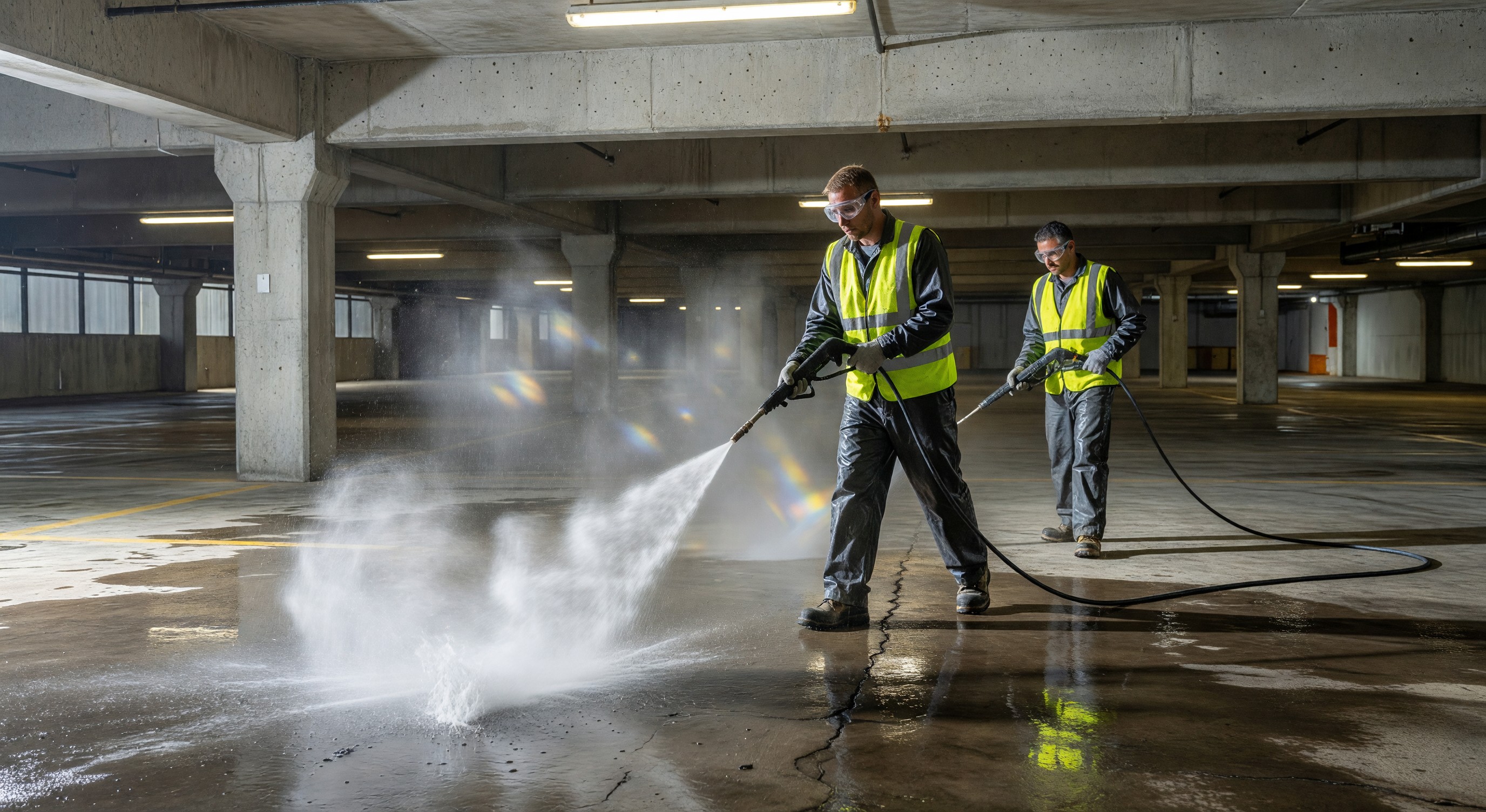 Parking garage interior being power washed with high-pressure equipment by maintenance staff