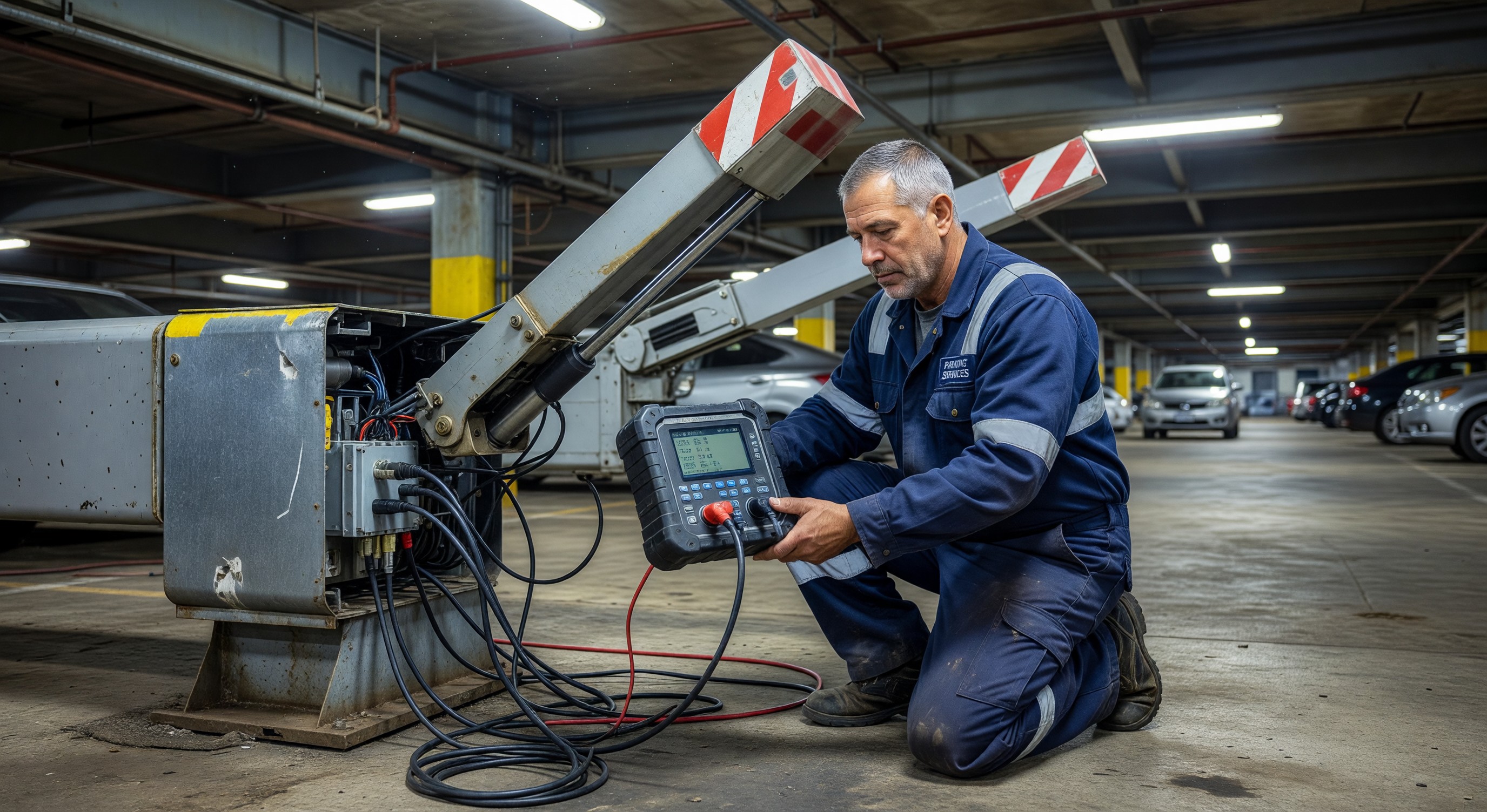 Parking facility attendant troubleshooting a gate arm system with a maintenance device