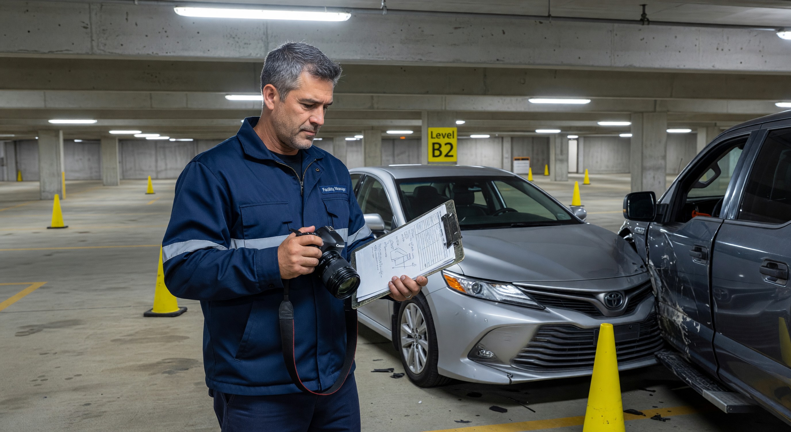 Parking facility manager documenting a vehicle accident incident with a clipboard and camera