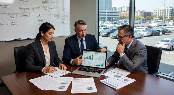 Parking industry boardroom with merger strategy documents and laptop charts