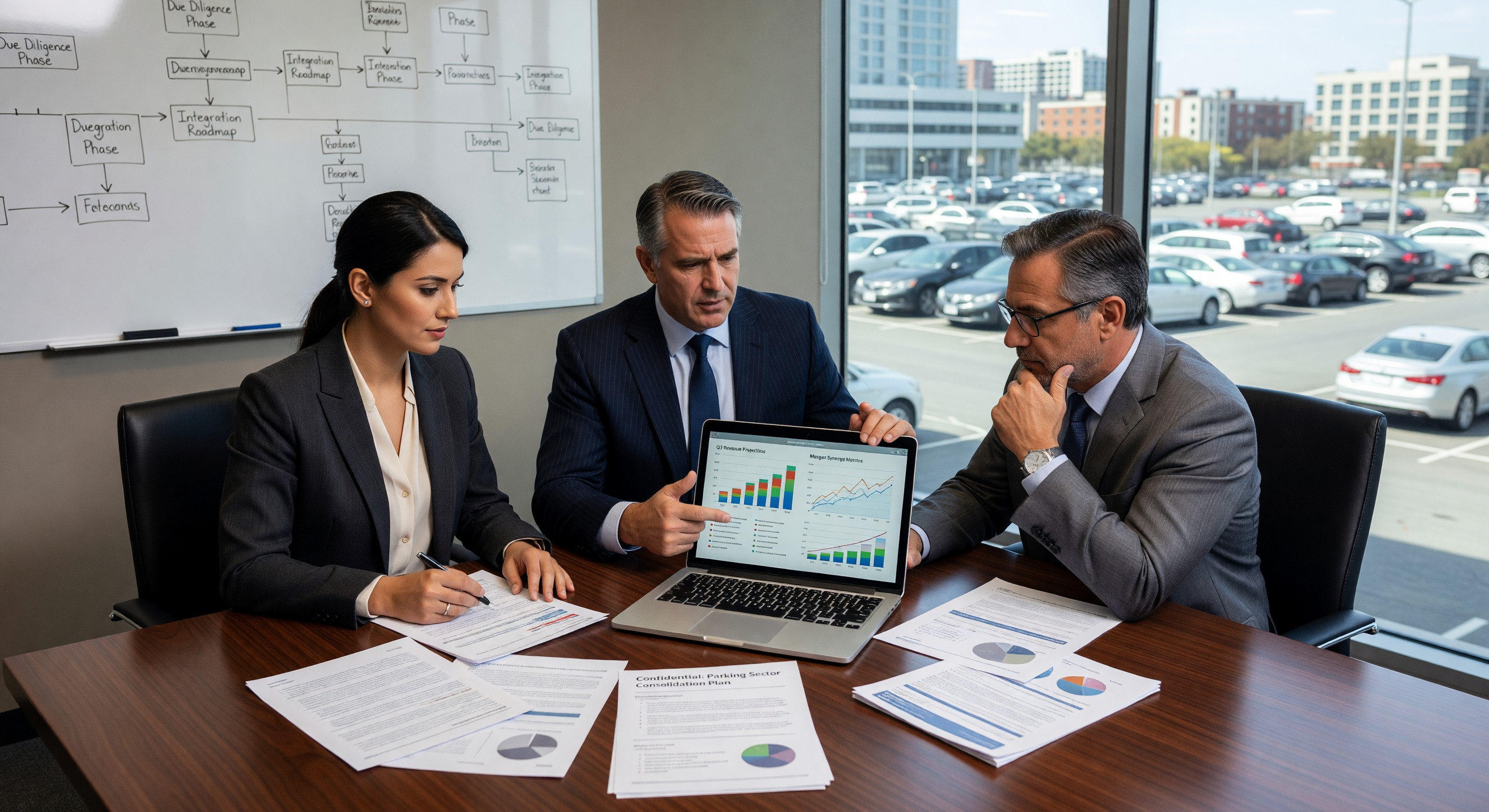 Parking industry boardroom with merger strategy documents and laptop charts
