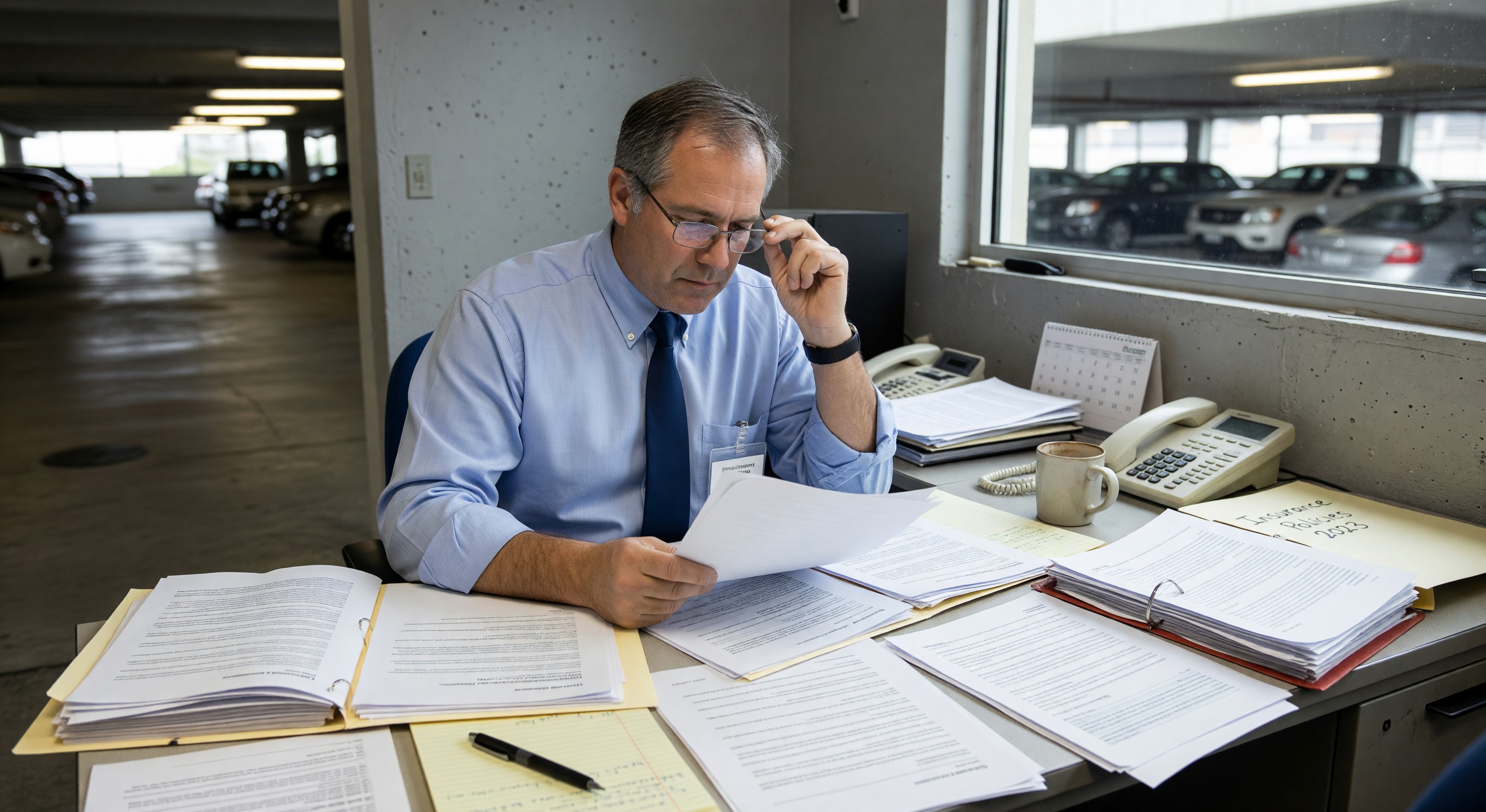 Parking facility manager reviewing insurance policy documents and coverage requirements