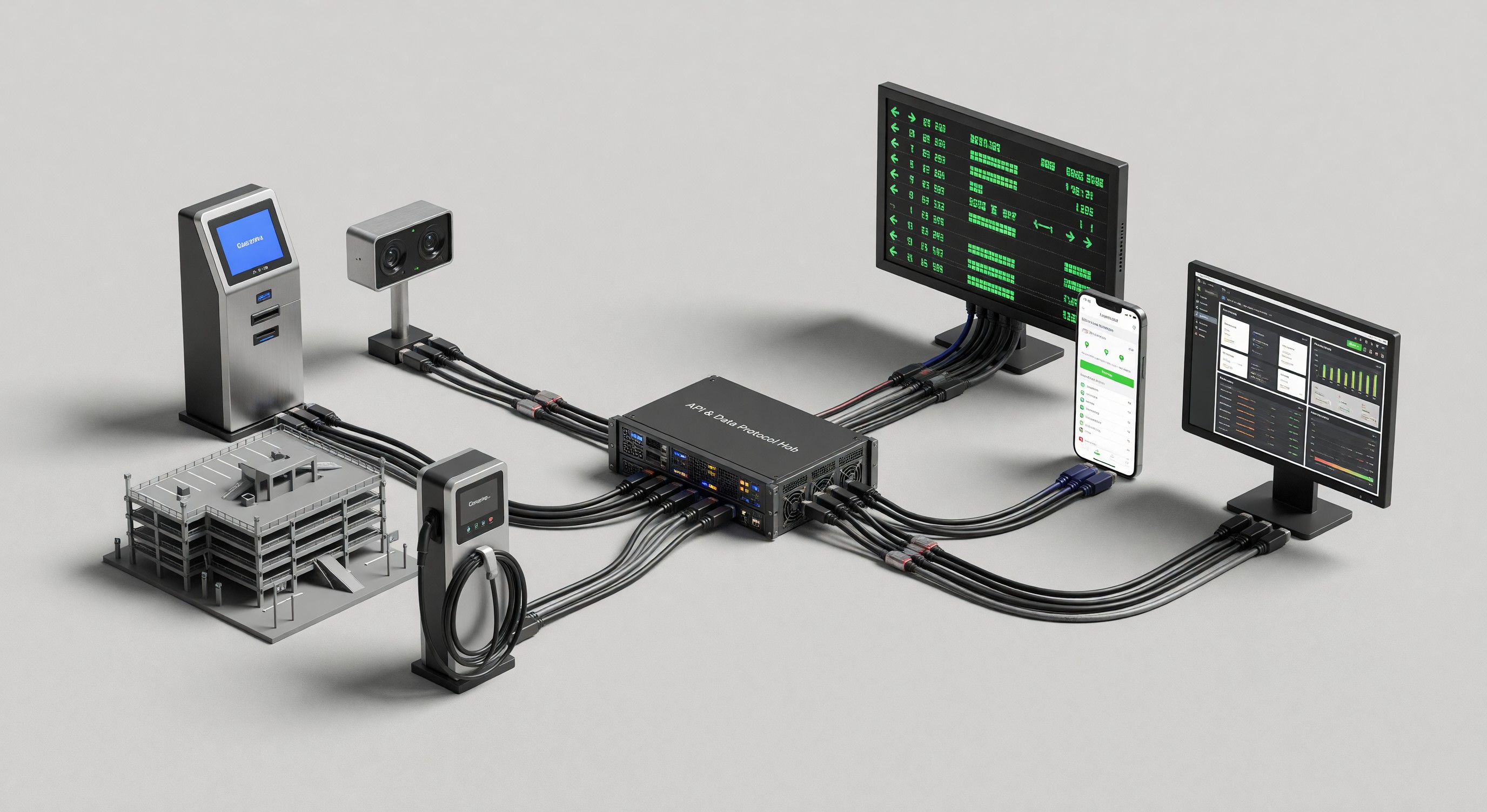 Diagram showing multiple parking technology systems connected through standardized APIs and data protocols