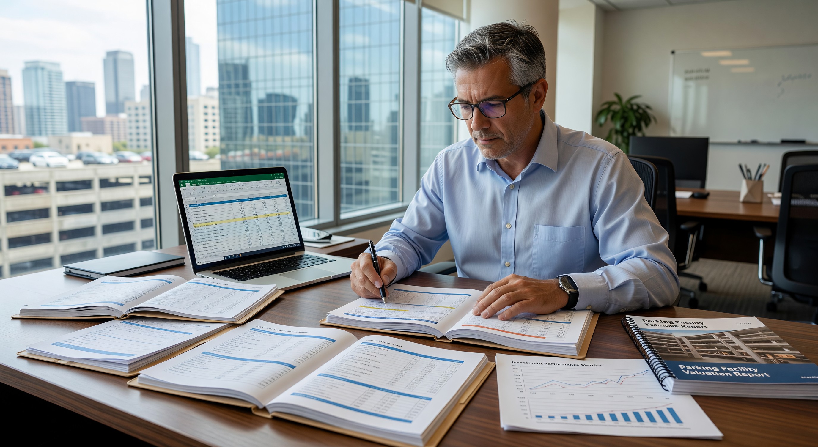 Commercial real estate analyst reviewing parking facility valuation reports and investment performance data
