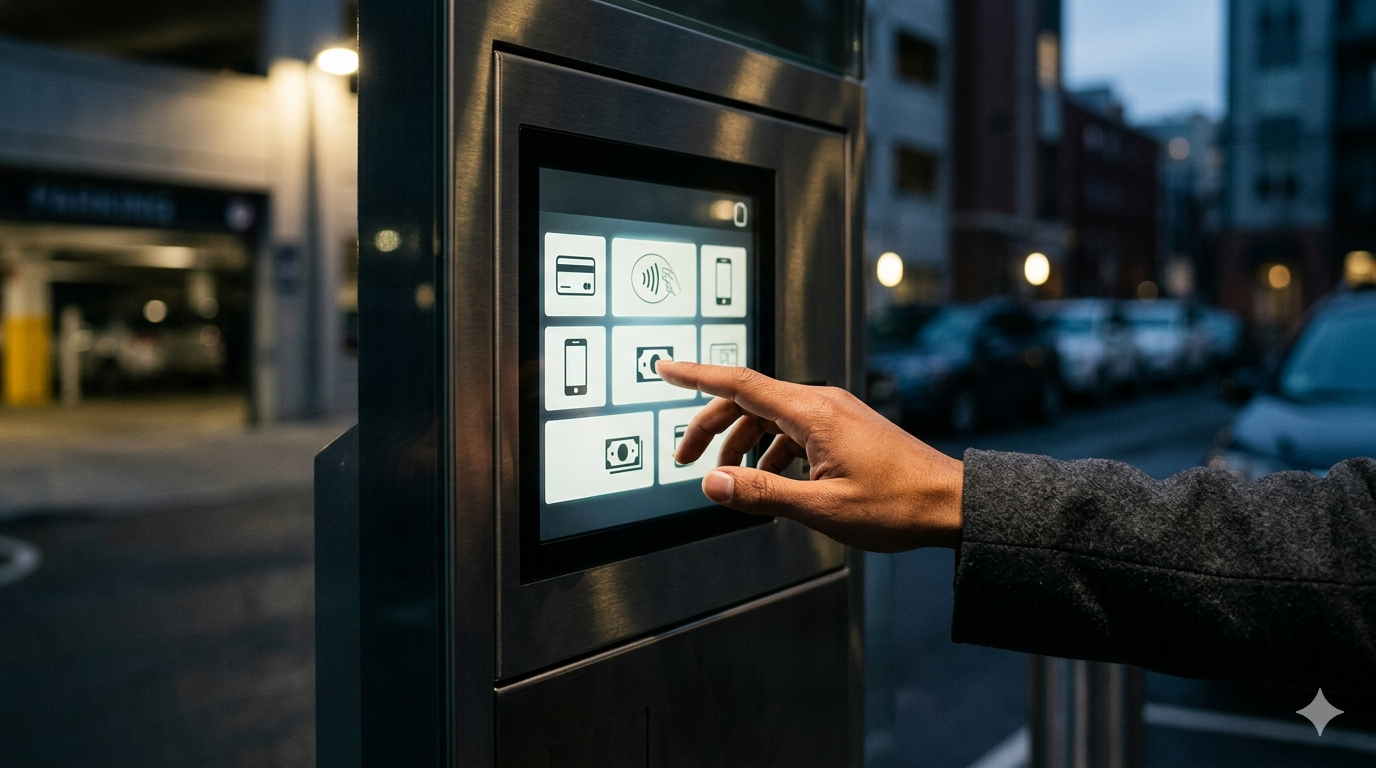 Person using a modern touchscreen parking kiosk