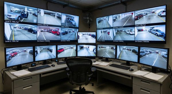 Parking facility control room with remote monitoring screens showing multiple facility camera feeds and occupancy data