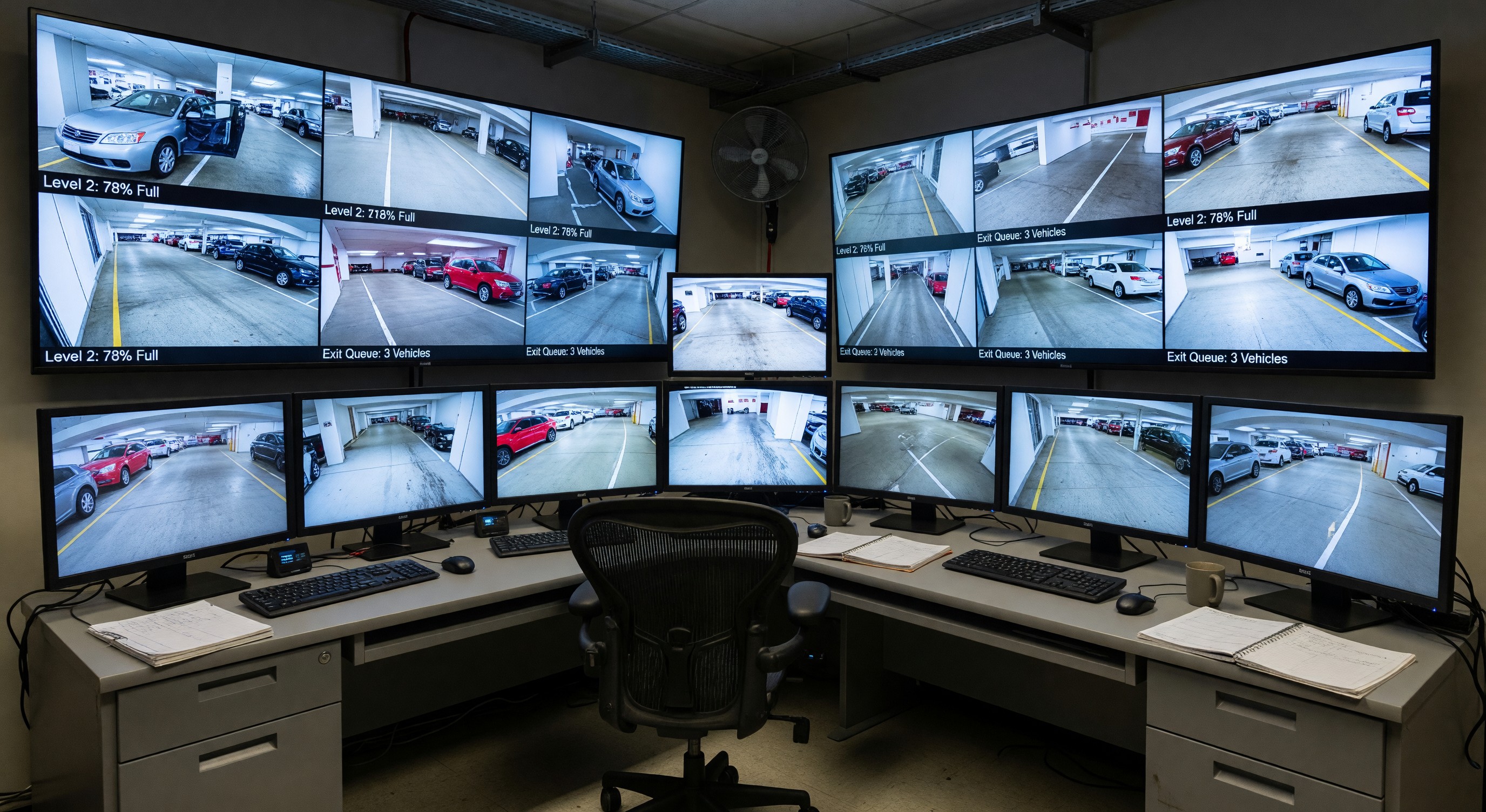 Parking facility control room with remote monitoring screens showing multiple facility camera feeds and occupancy data