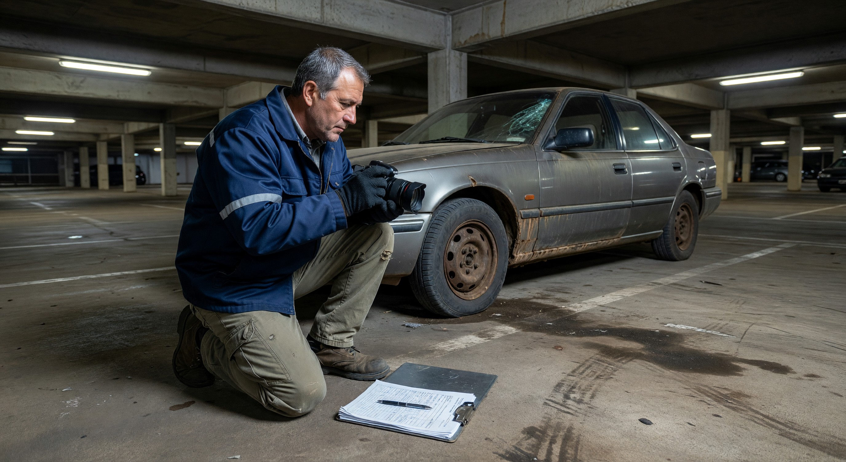 Parking facility manager documenting an abandoned vehicle with photographs and paperwork