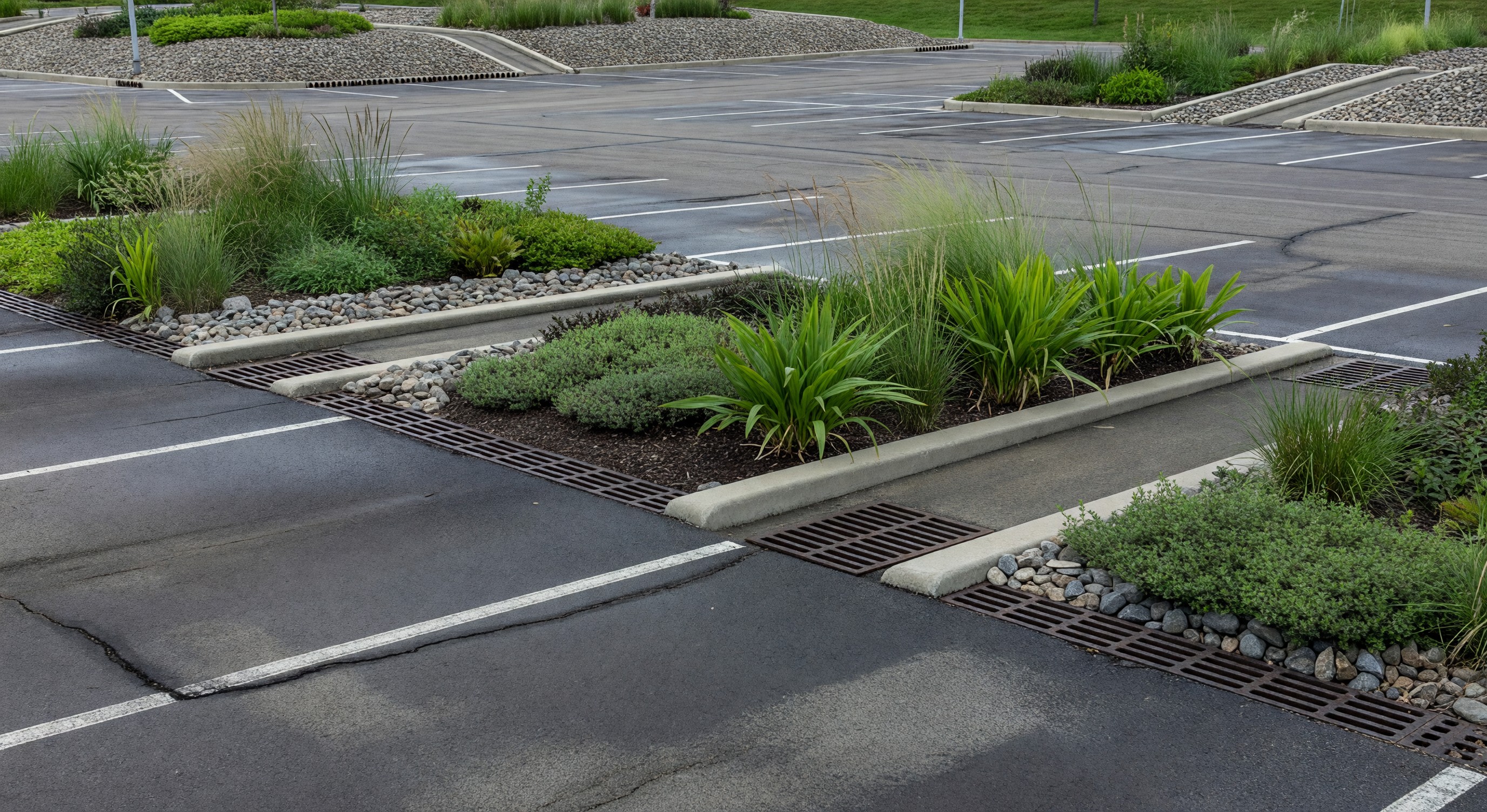 Parking lot with visible drainage infrastructure and stormwater management features