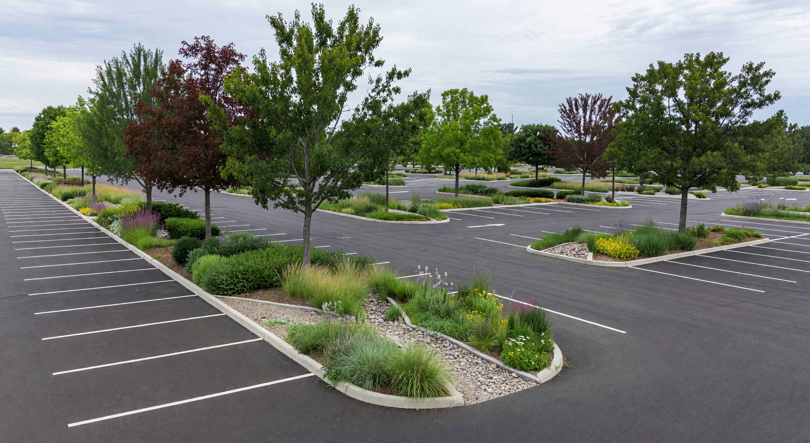 Parking lot with tree islands and bioswale landscaping between parking bays