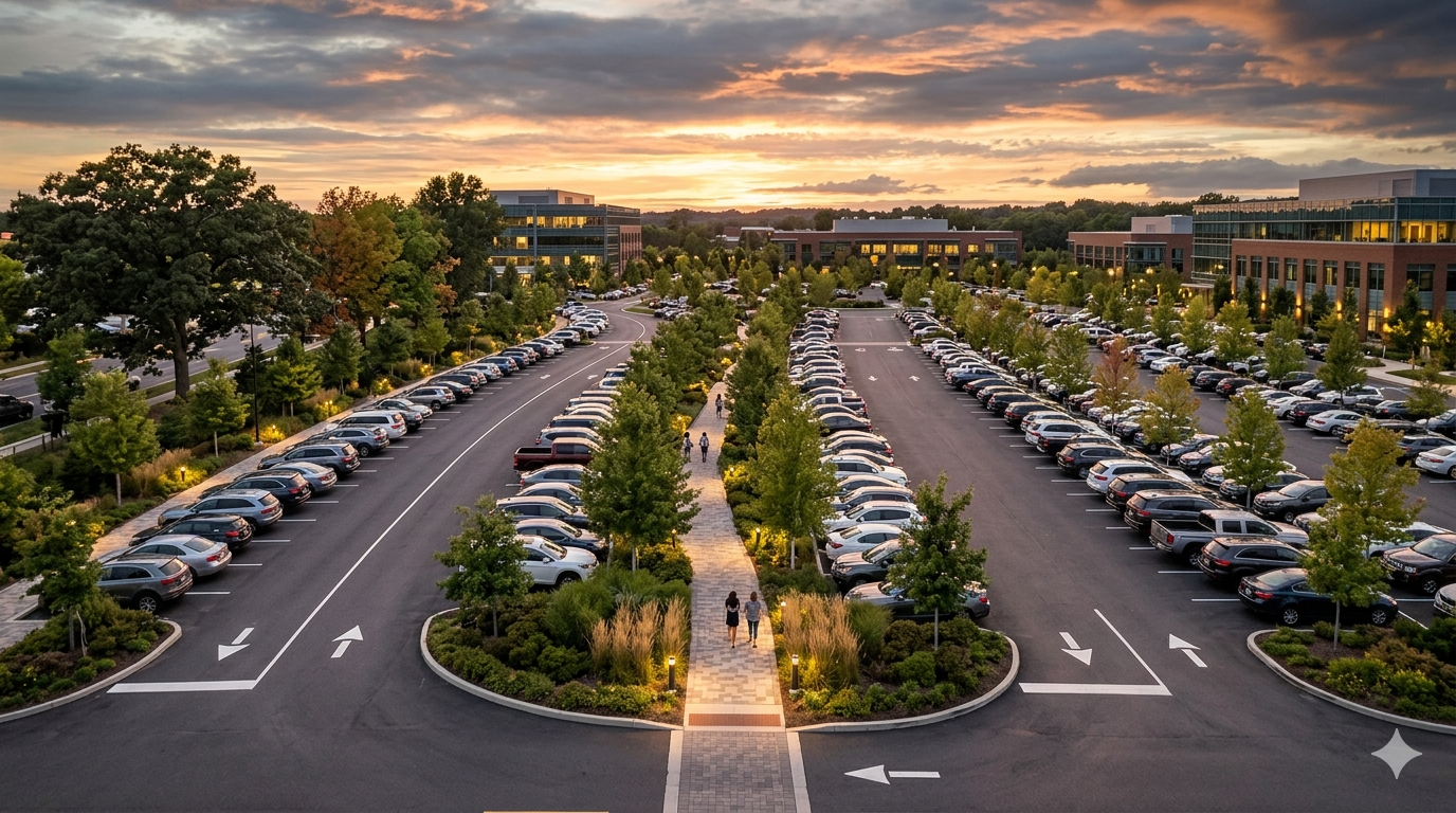 Aerial view of a well-designed parking lot with organized lanes and landscaping