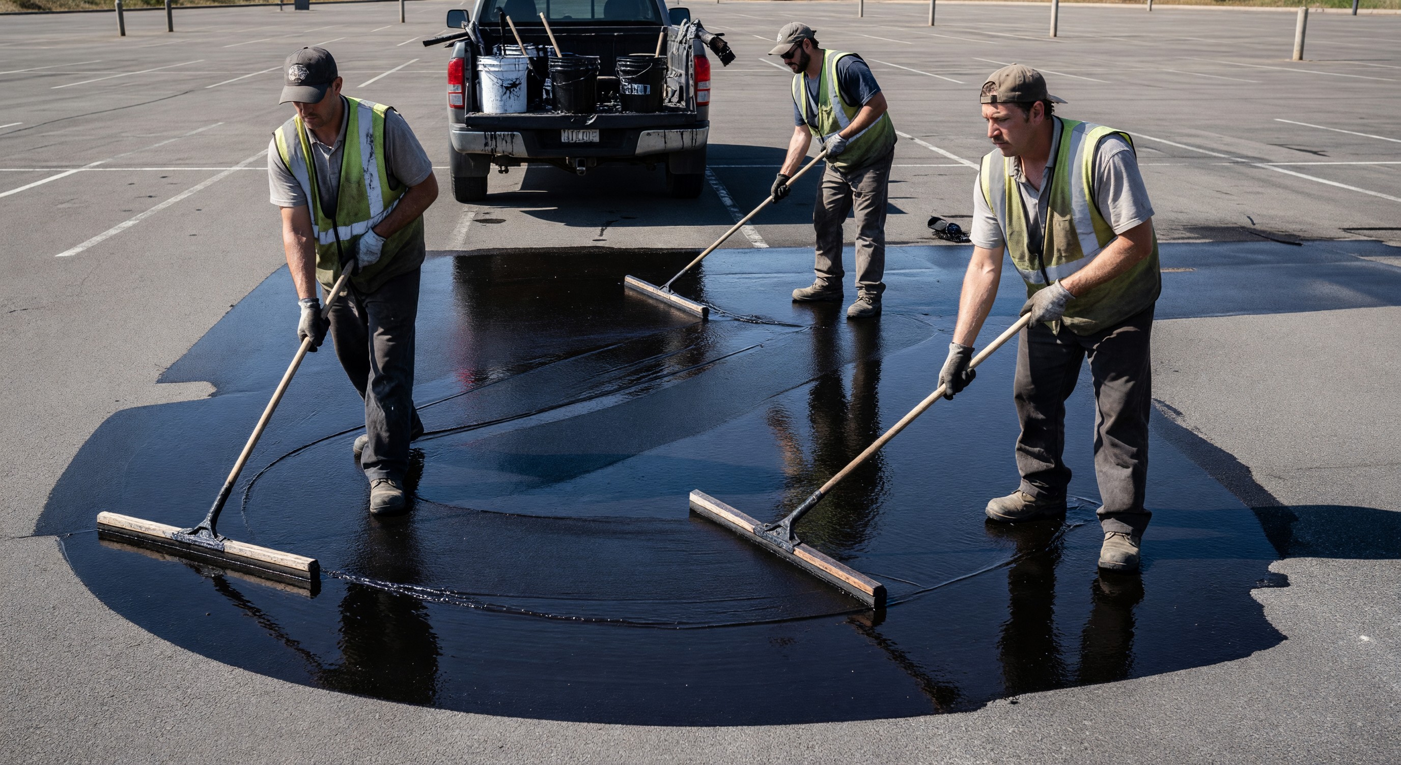 Parking lot maintenance crew applying seal coat to an asphalt surface with squeegees