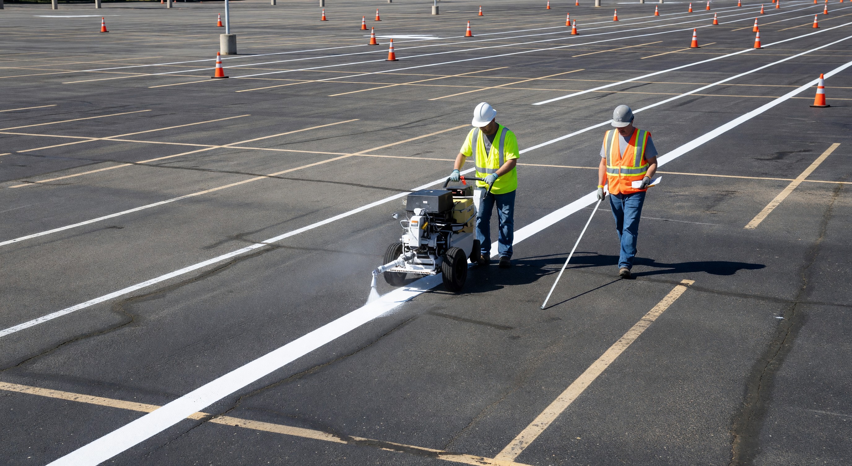 Parking lot restriping project in progress with fresh white lines being applied