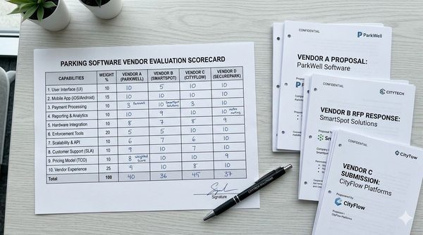Parking operations team evaluating management software vendors against procurement scorecard