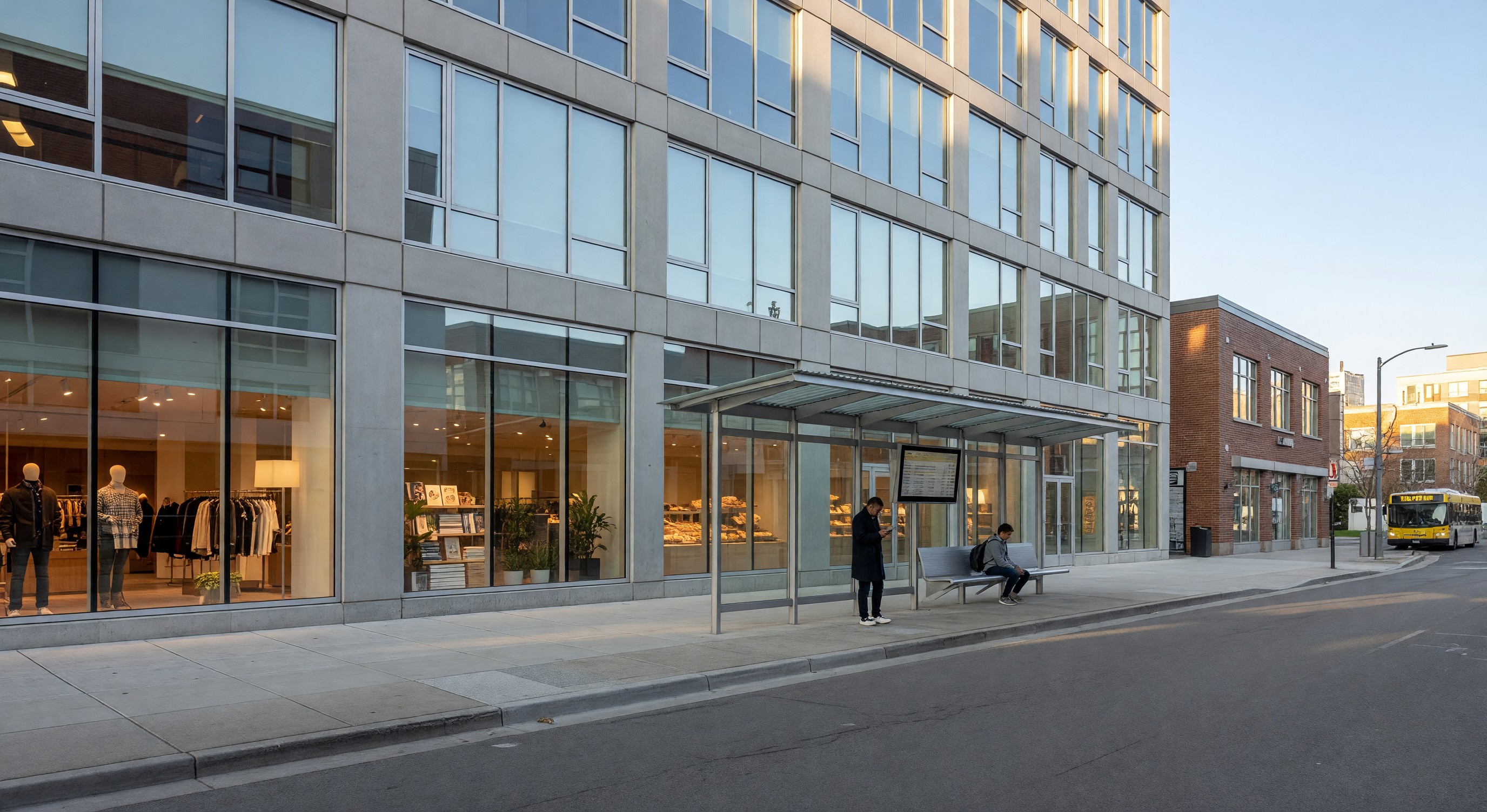 Urban mixed-use development without parking structure showing street-level retail with transit stop