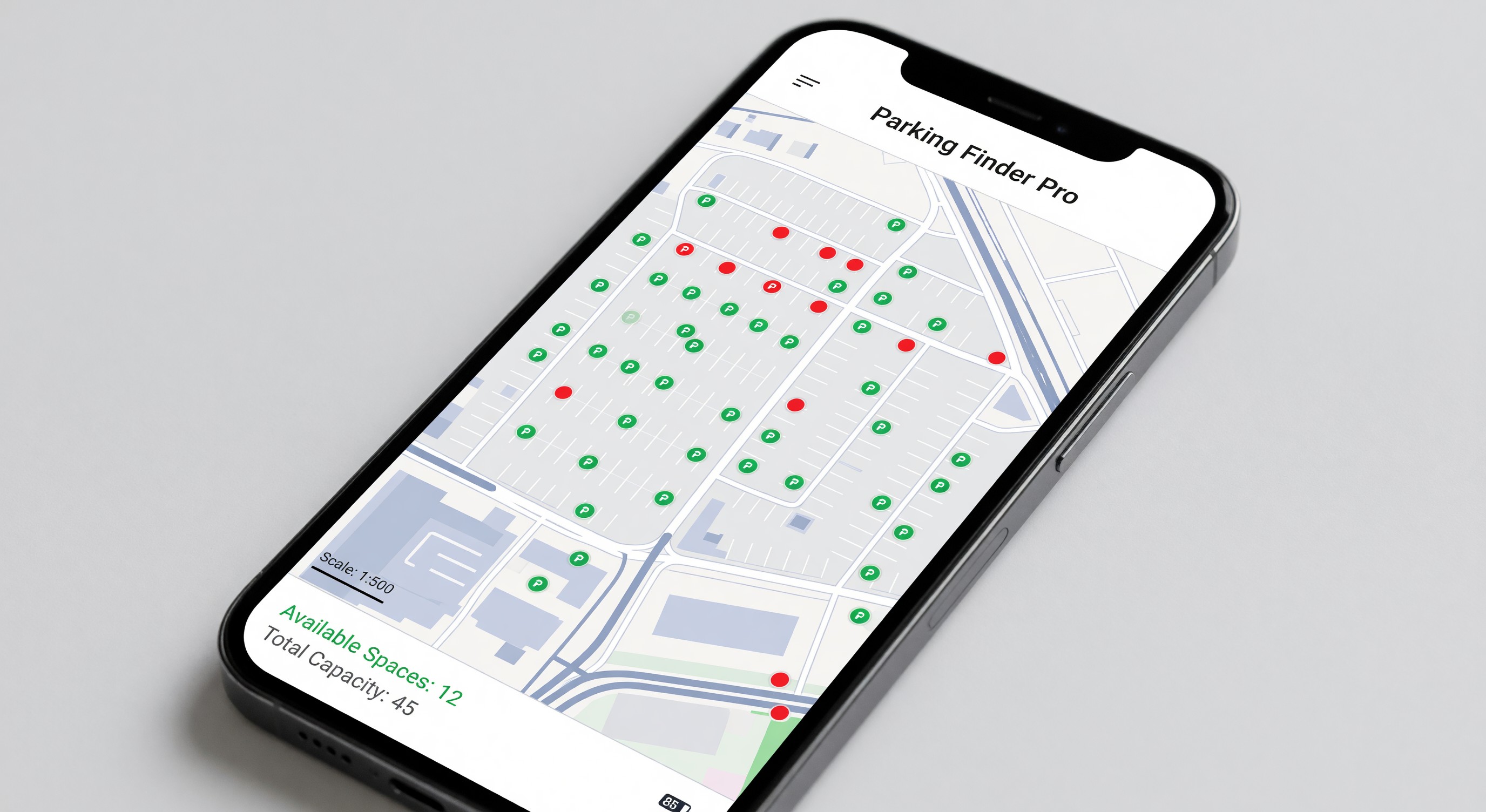Smartphone screen showing parking app interface with map and available spaces