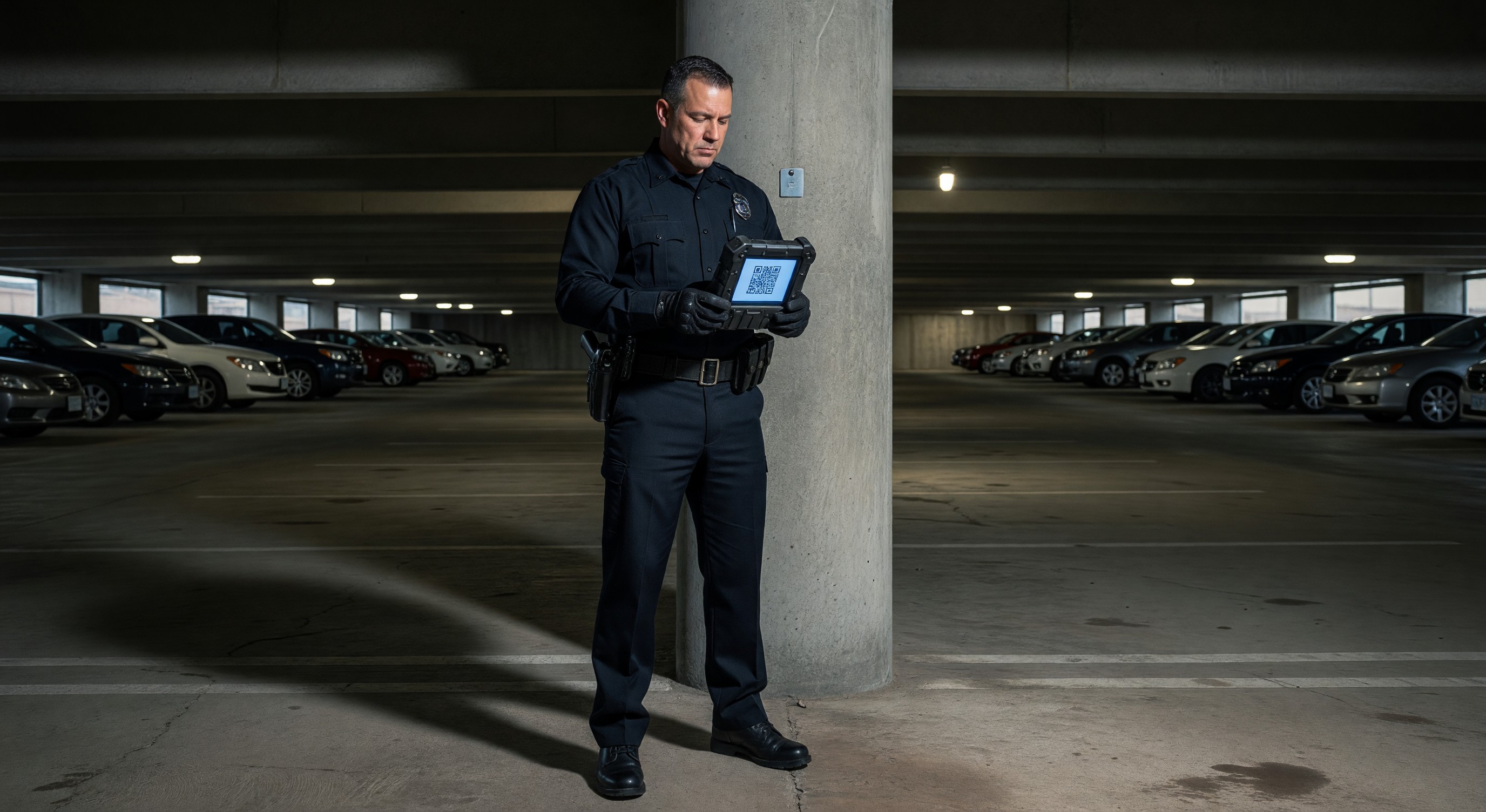 Security officer using mobile device to log patrol checkpoint scan in parking structure