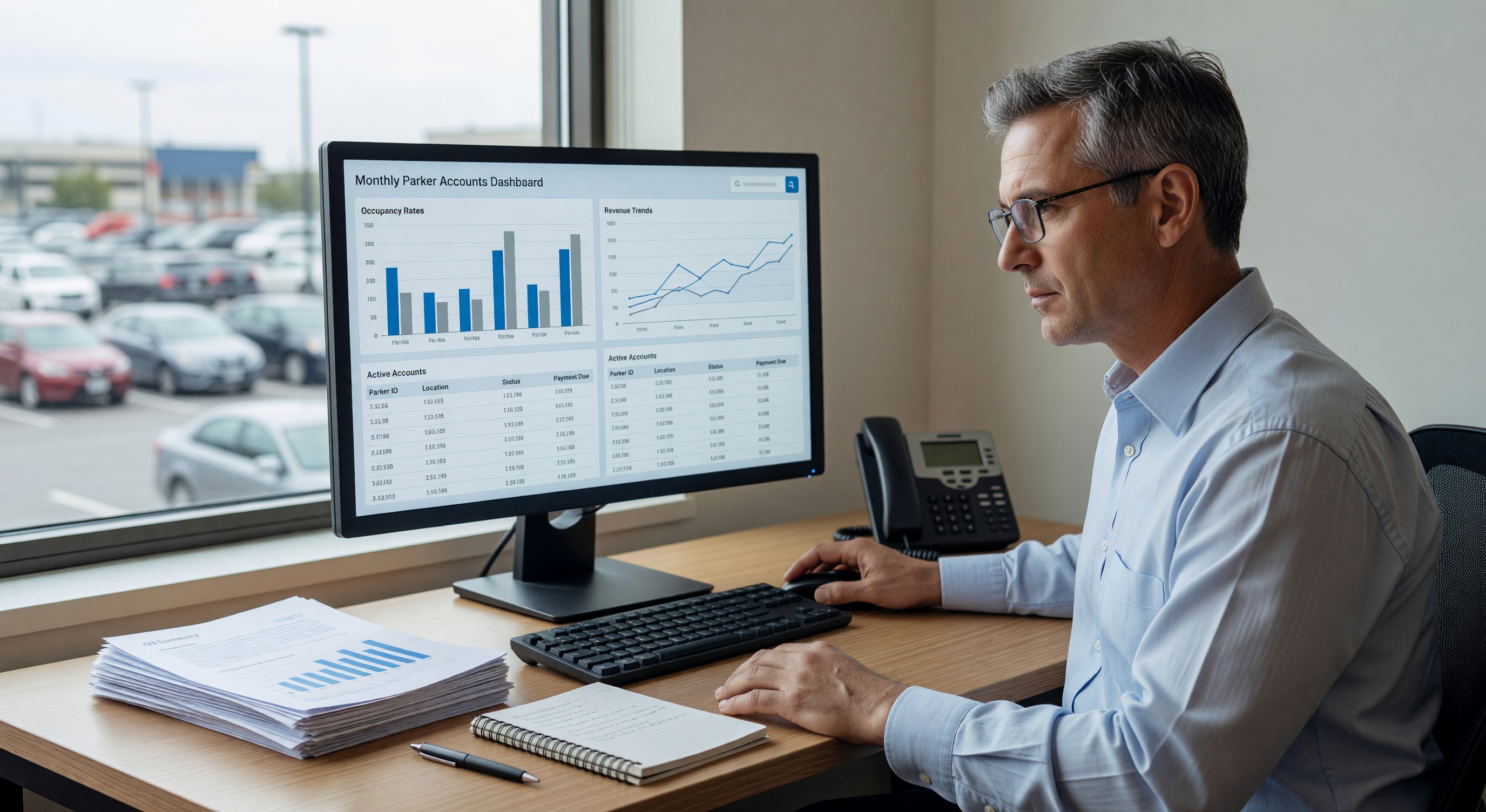Parking operations manager reviewing monthly parker accounts on a management dashboard