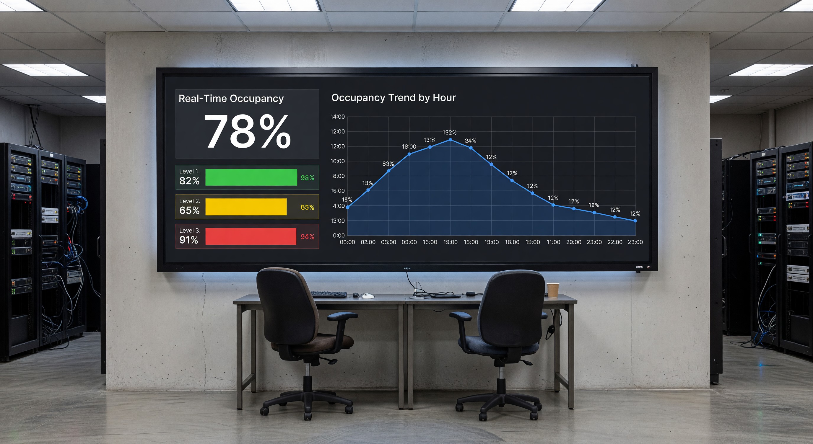 Parking operations dashboard showing real-time occupancy levels and trend charts by hour