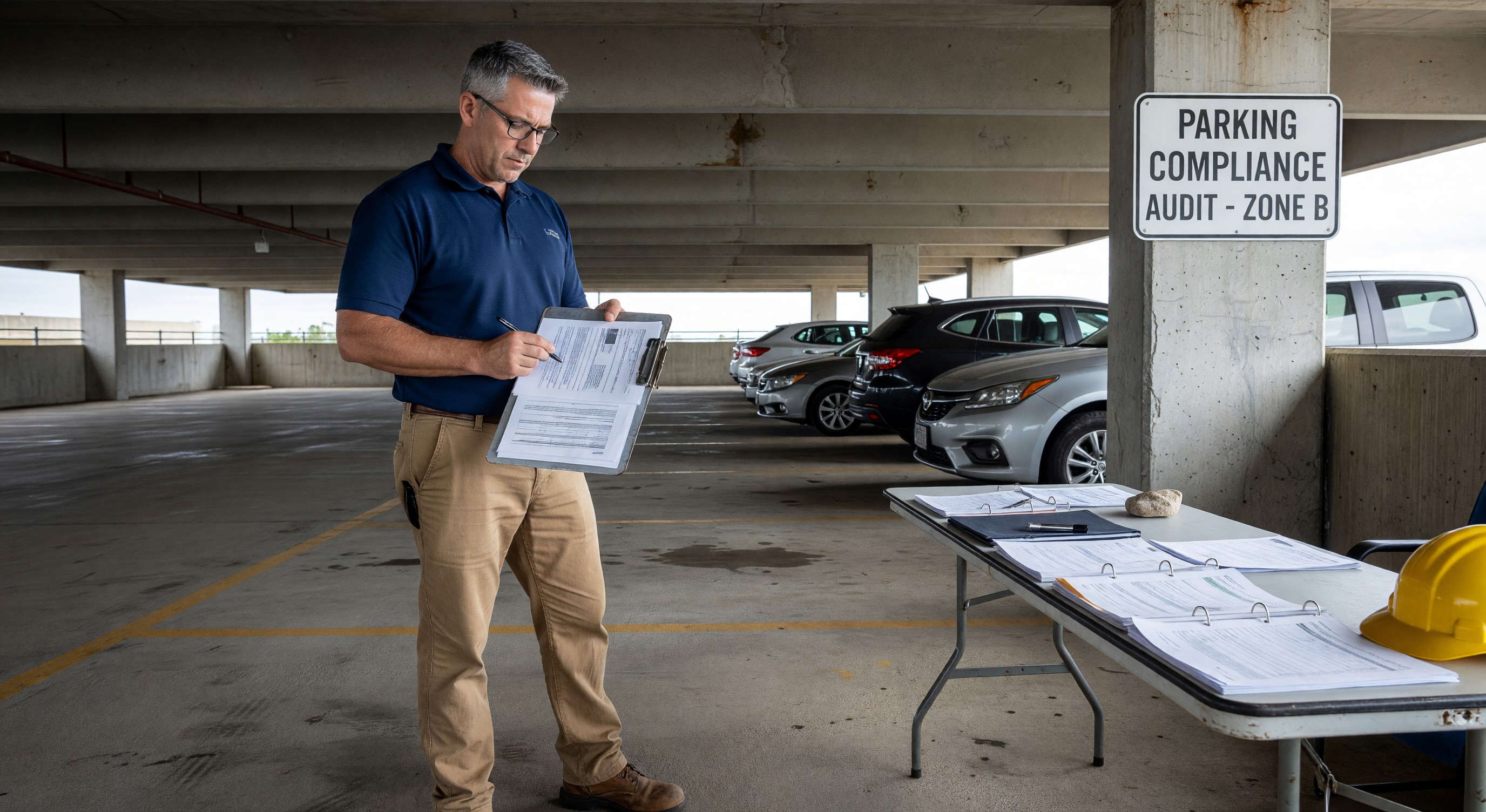 Parking operations auditor with clipboard reviewing a facility's compliance documentation