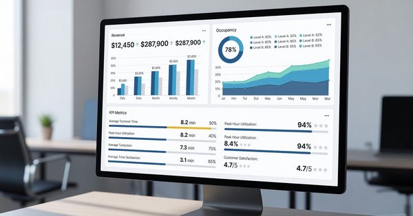 Parking operations dashboard on a computer screen showing revenue, occupancy, and KPI metrics