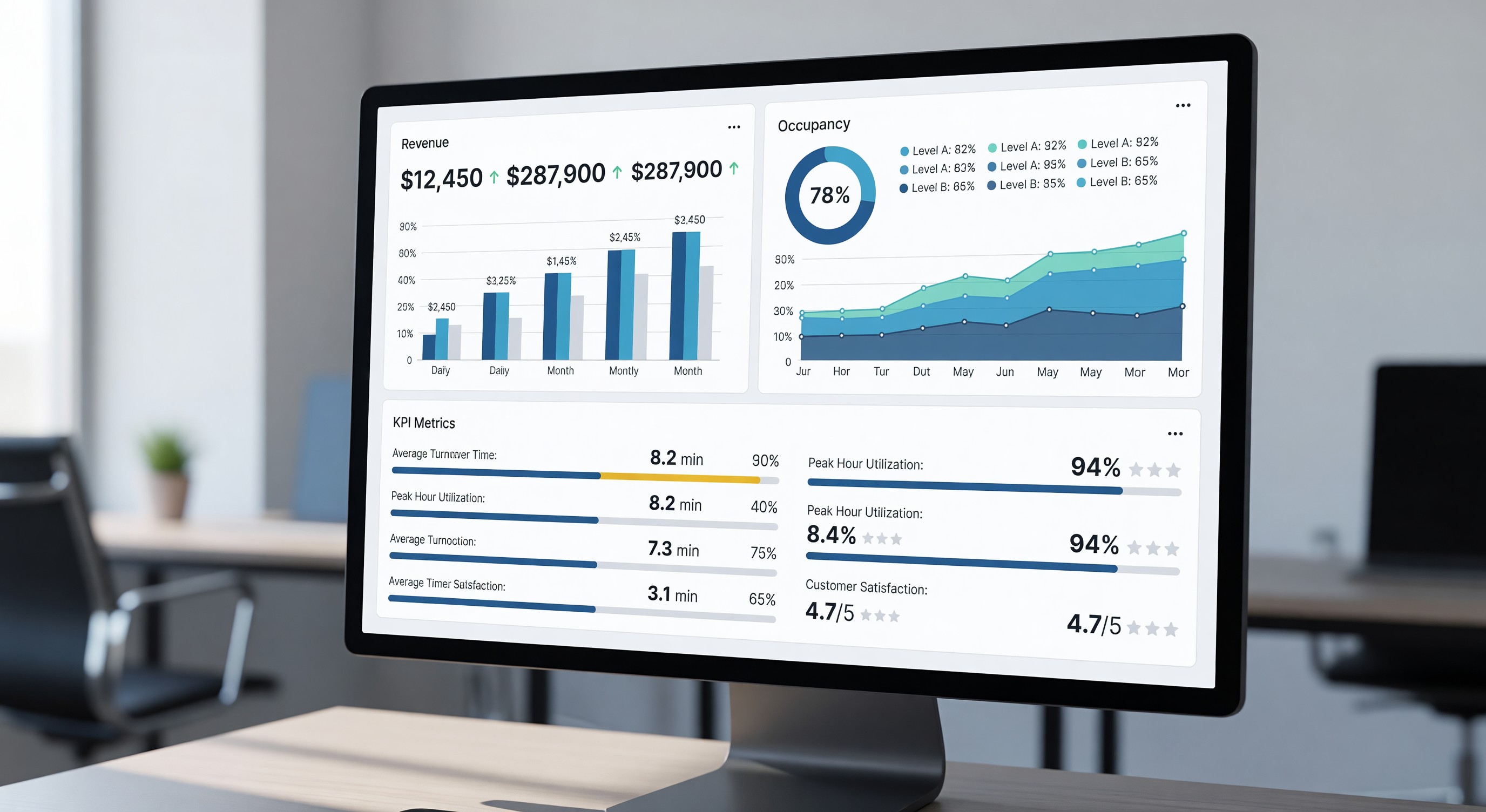 Parking operations dashboard on a computer screen showing revenue, occupancy, and KPI metrics